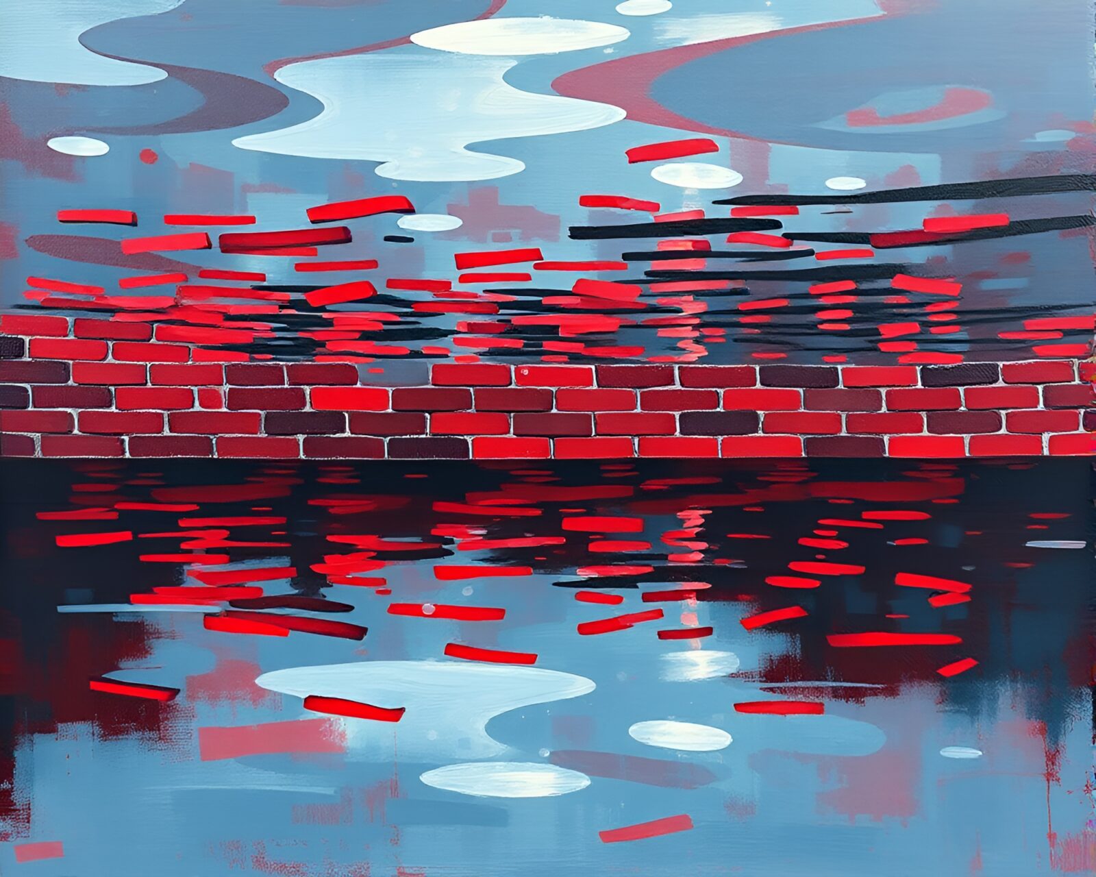 Palette knife painting of a submerged vessel in red depths