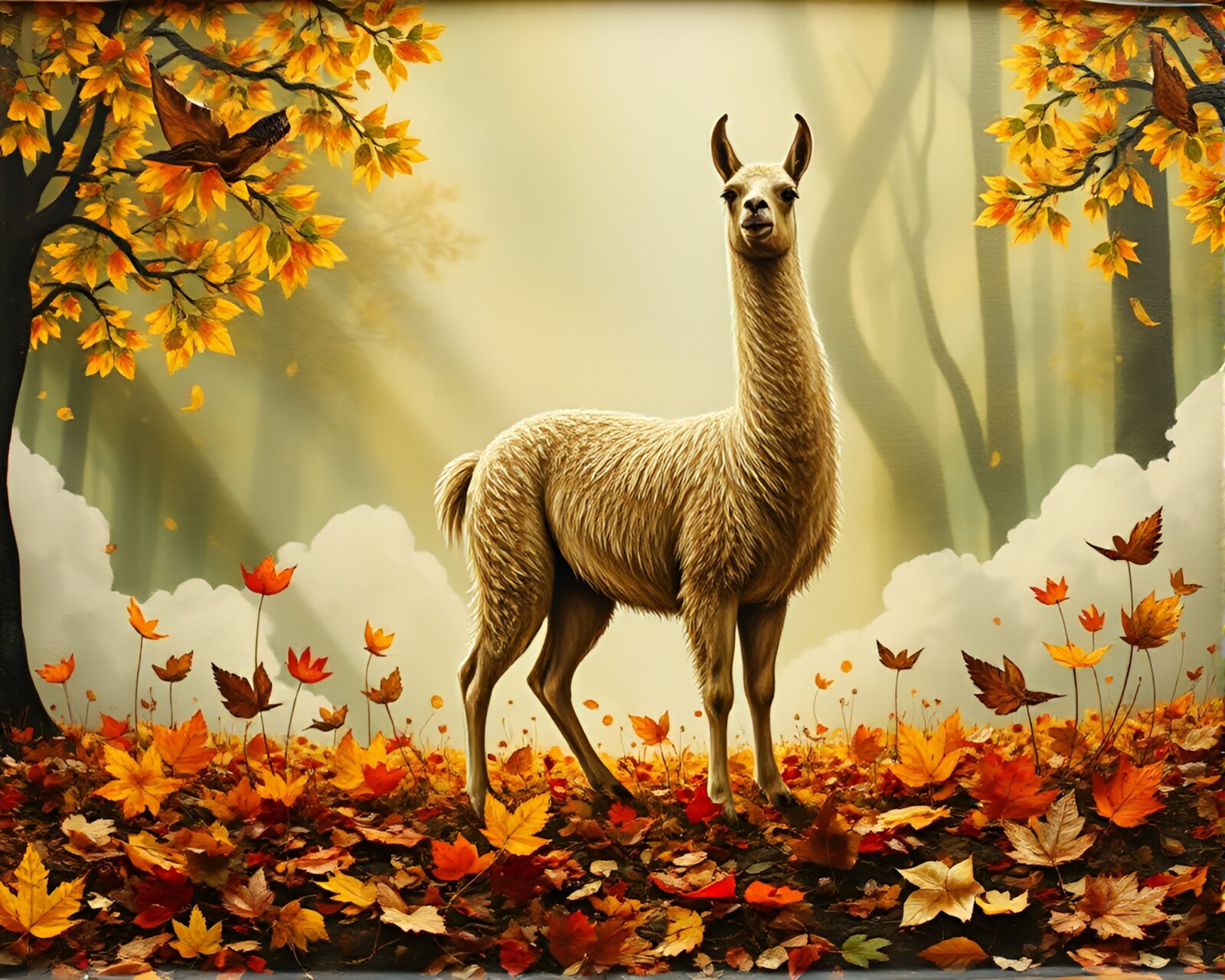 Digital collage of llama amidst leaf litter with god rays