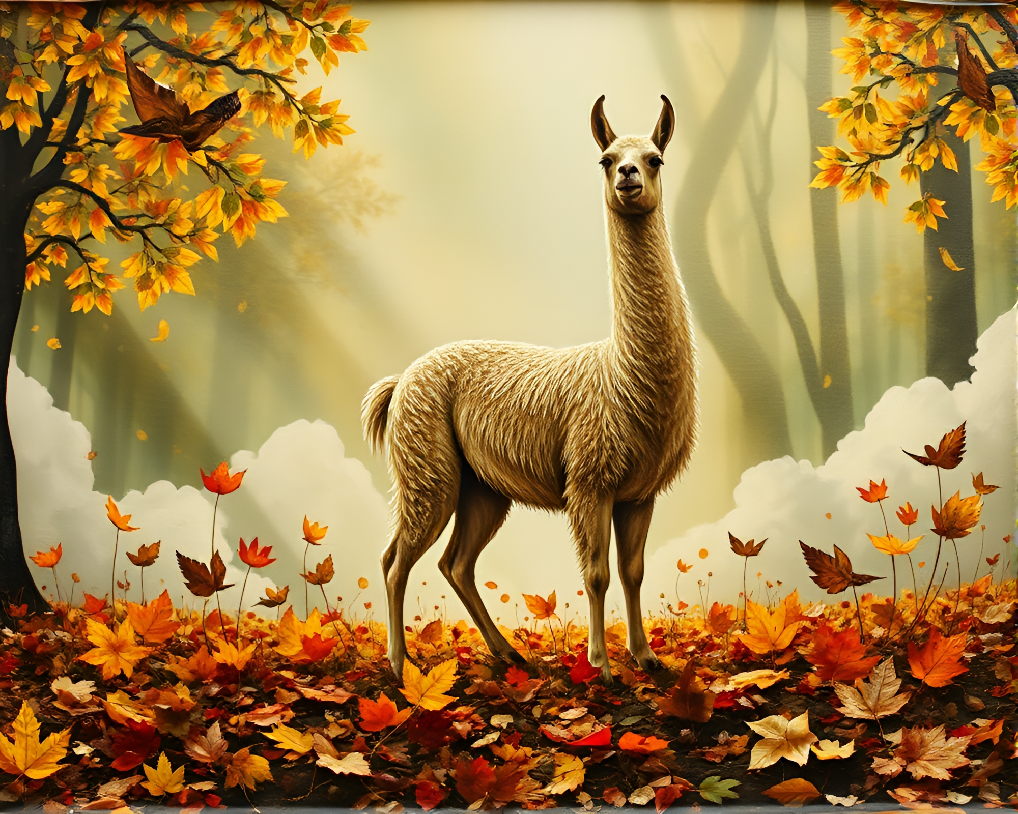Foliage Collage: Llama in Mystical Light – free AI stock image