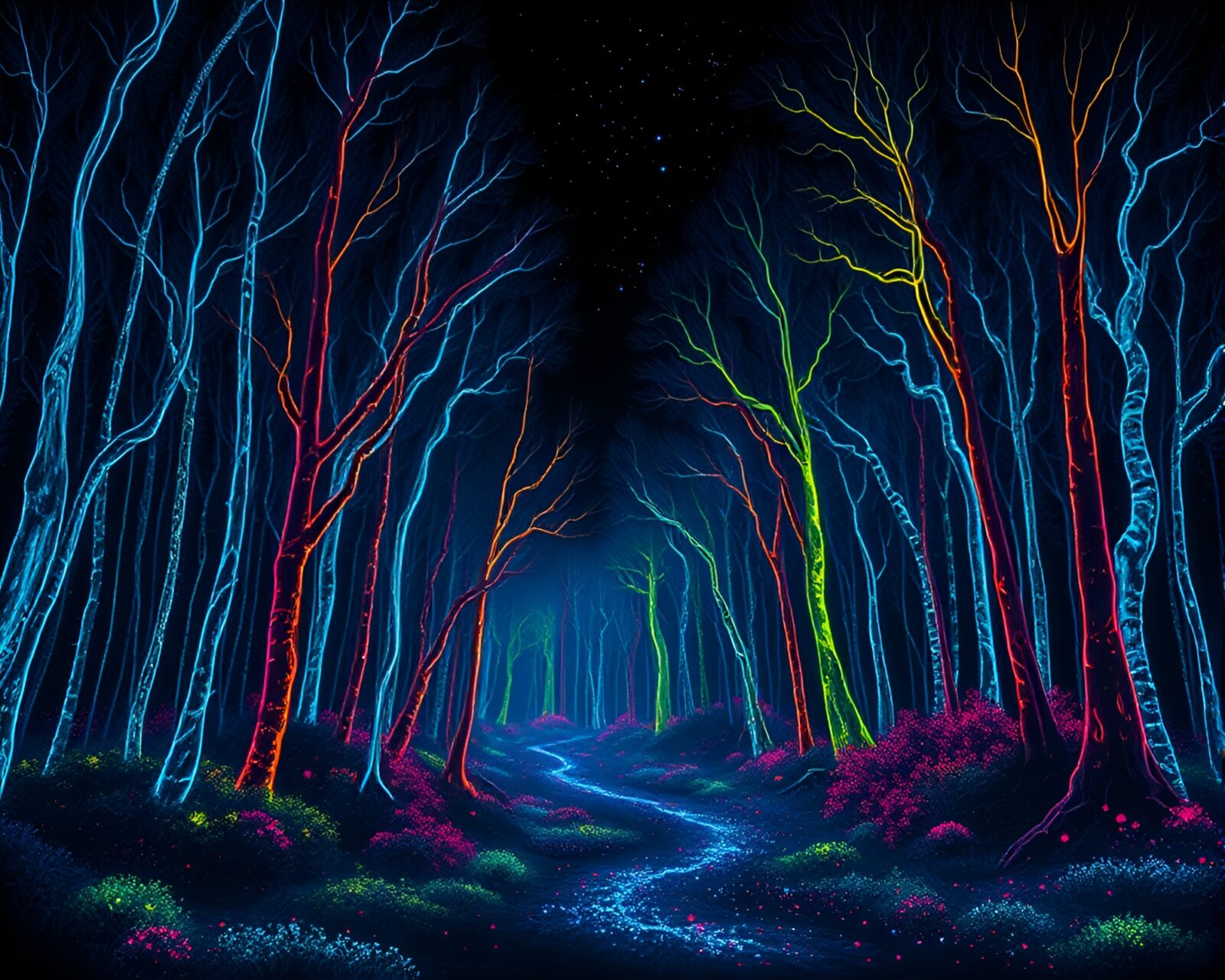 Chalkboard drawing of glowing forest with scan lines effect