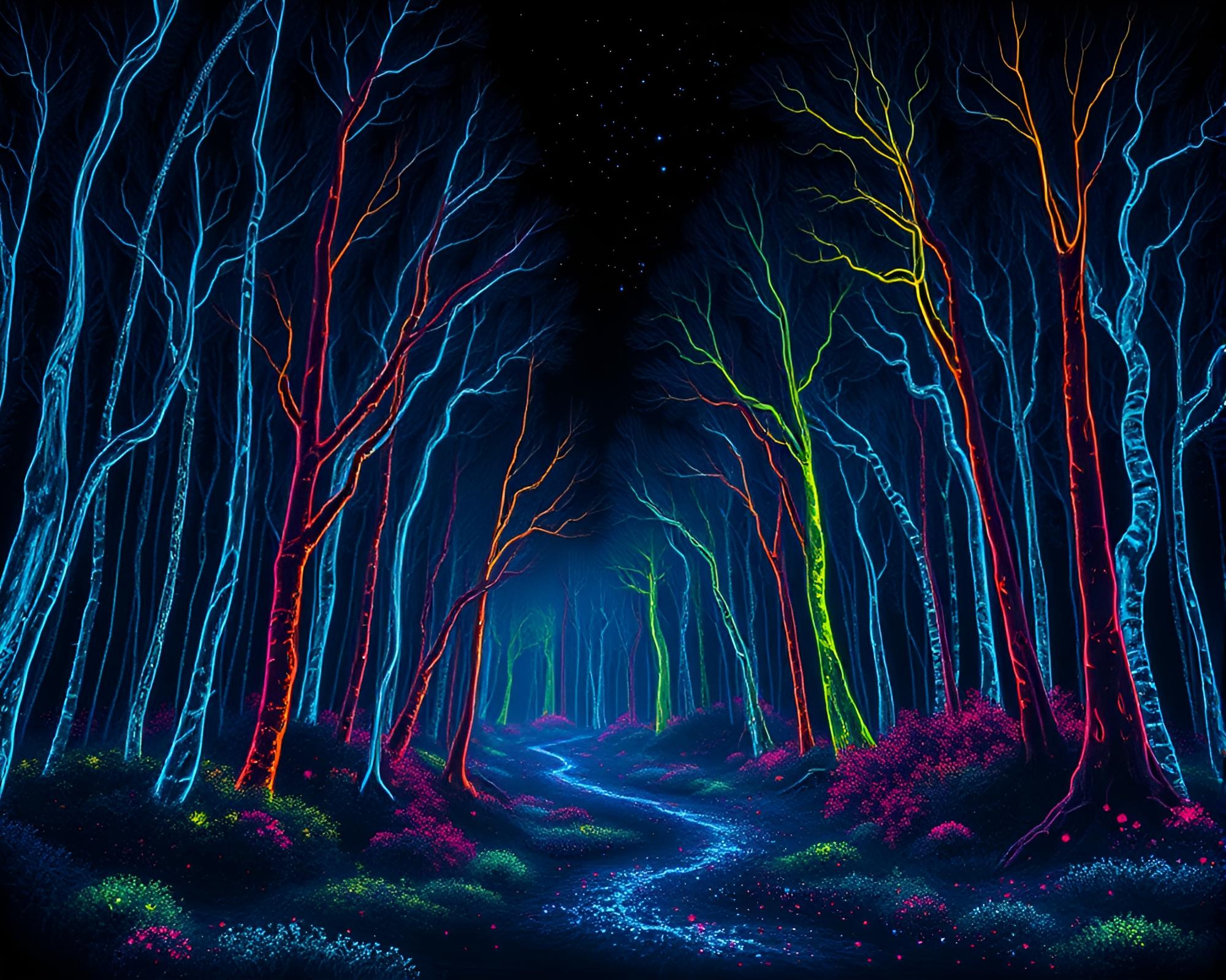 Bioluminescent Forest with Analogous Colors and Scan Lines – free AI stock image