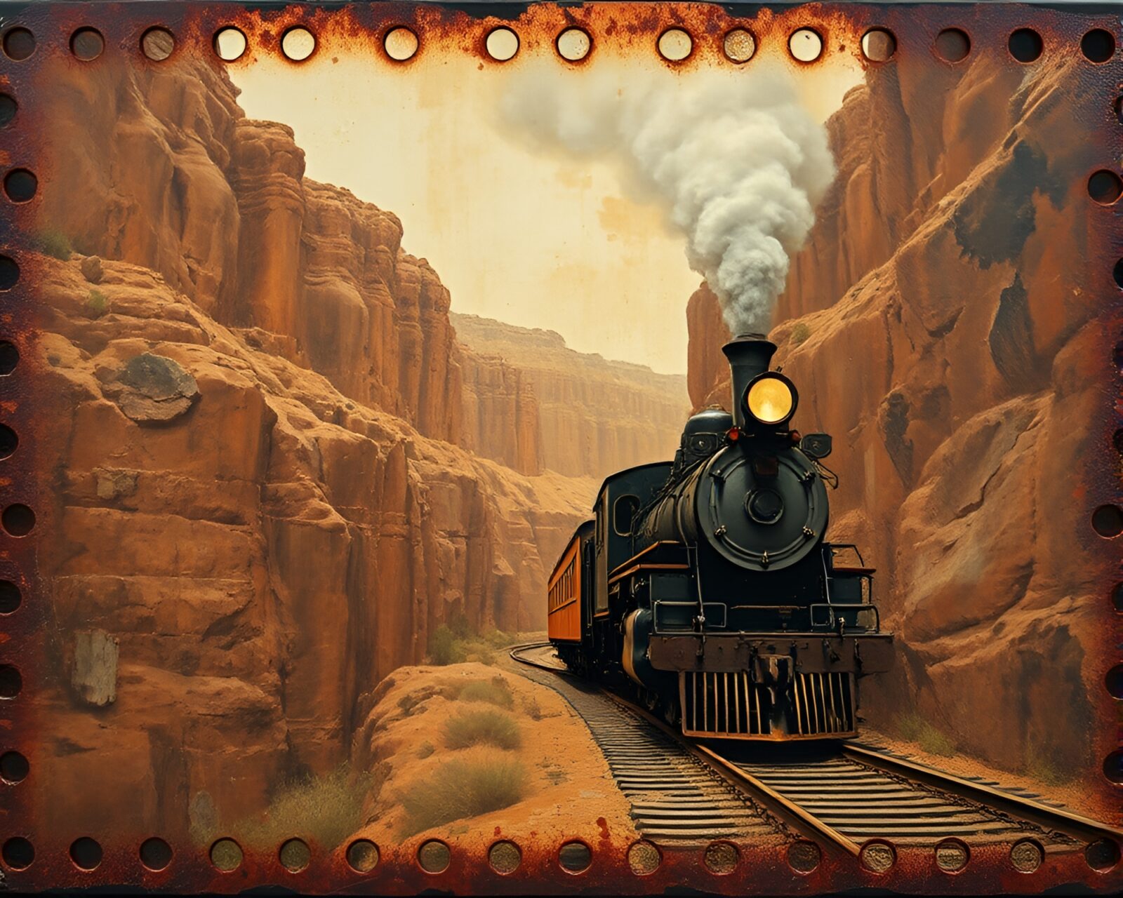 Rust-toned canyon with film sprocket hole accents, steam train art