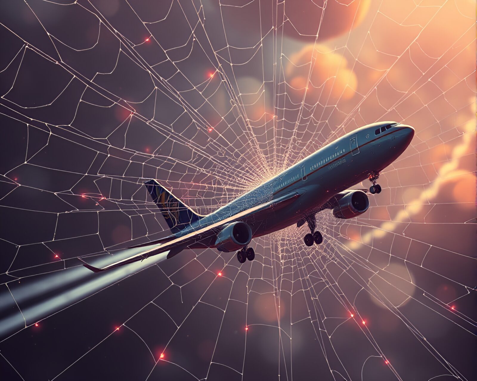 Illustration of a modern aircraft surrounded by glowing cobwebs