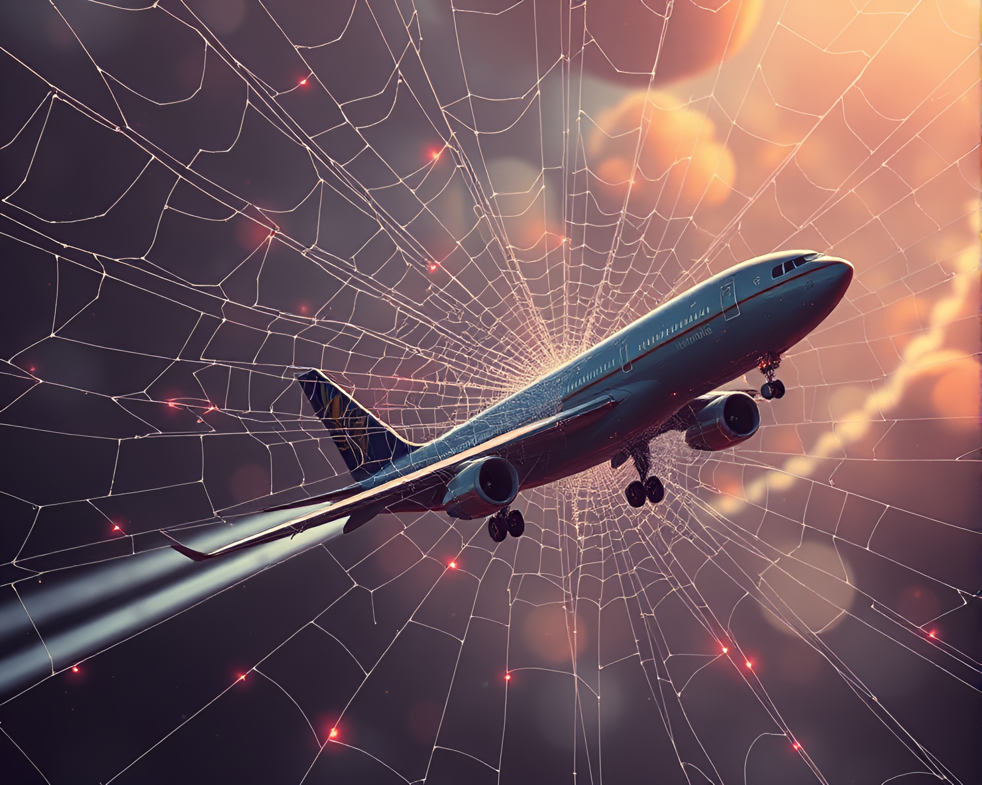 Futuristic Airplane Entangled in Neon Cobweb Strands – free AI stock image