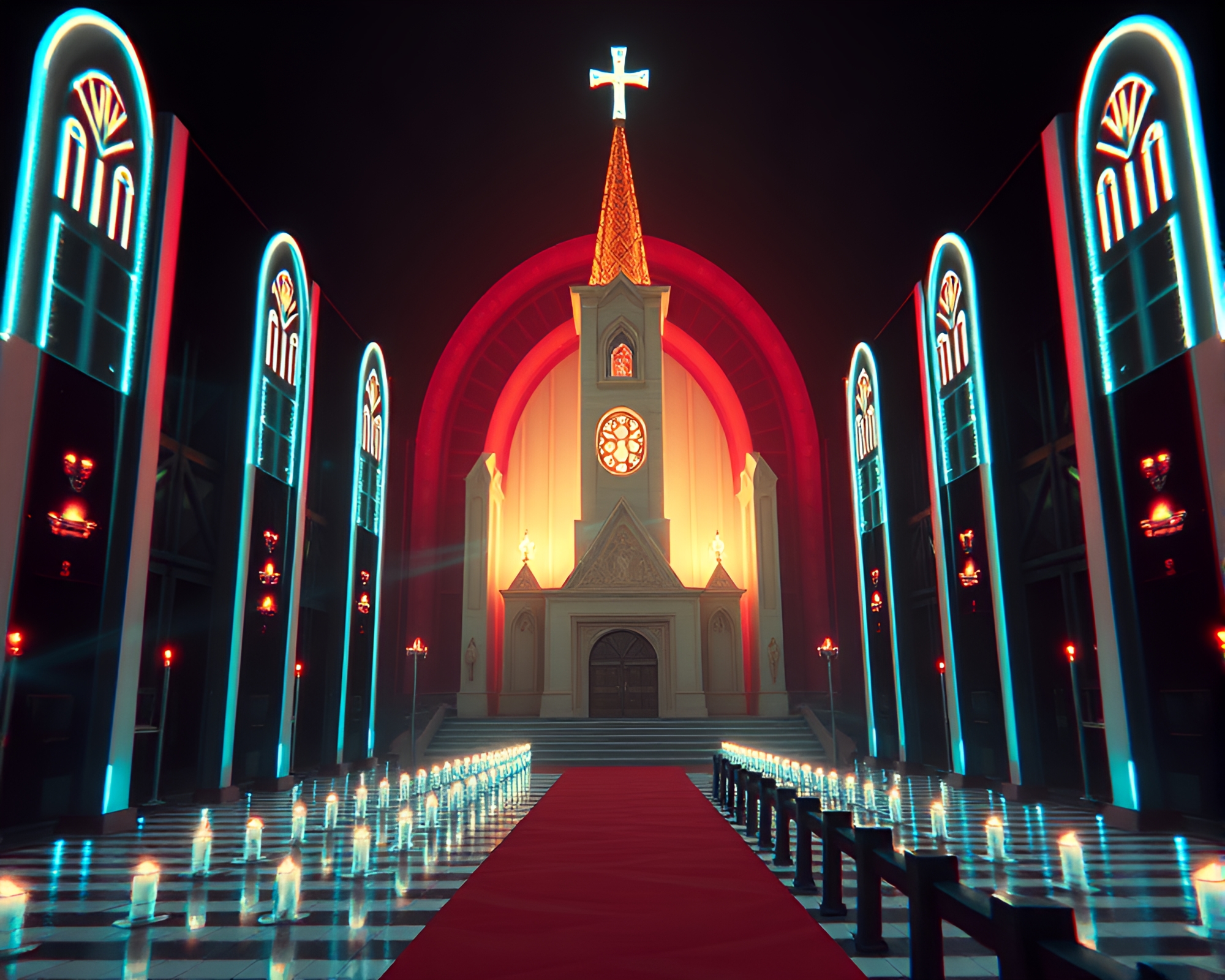 Retro Wave Church Candlelight Stereoscopic Art – free AI stock image
