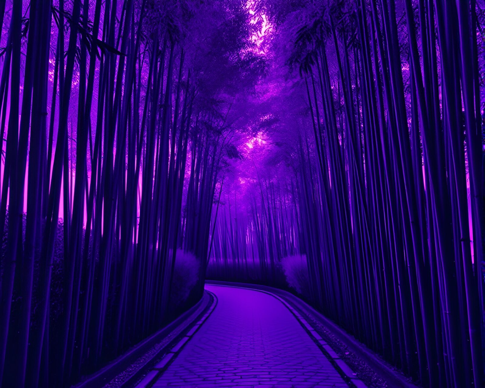 Stipple shaded image of cobblestone path in bamboo grove at twilight