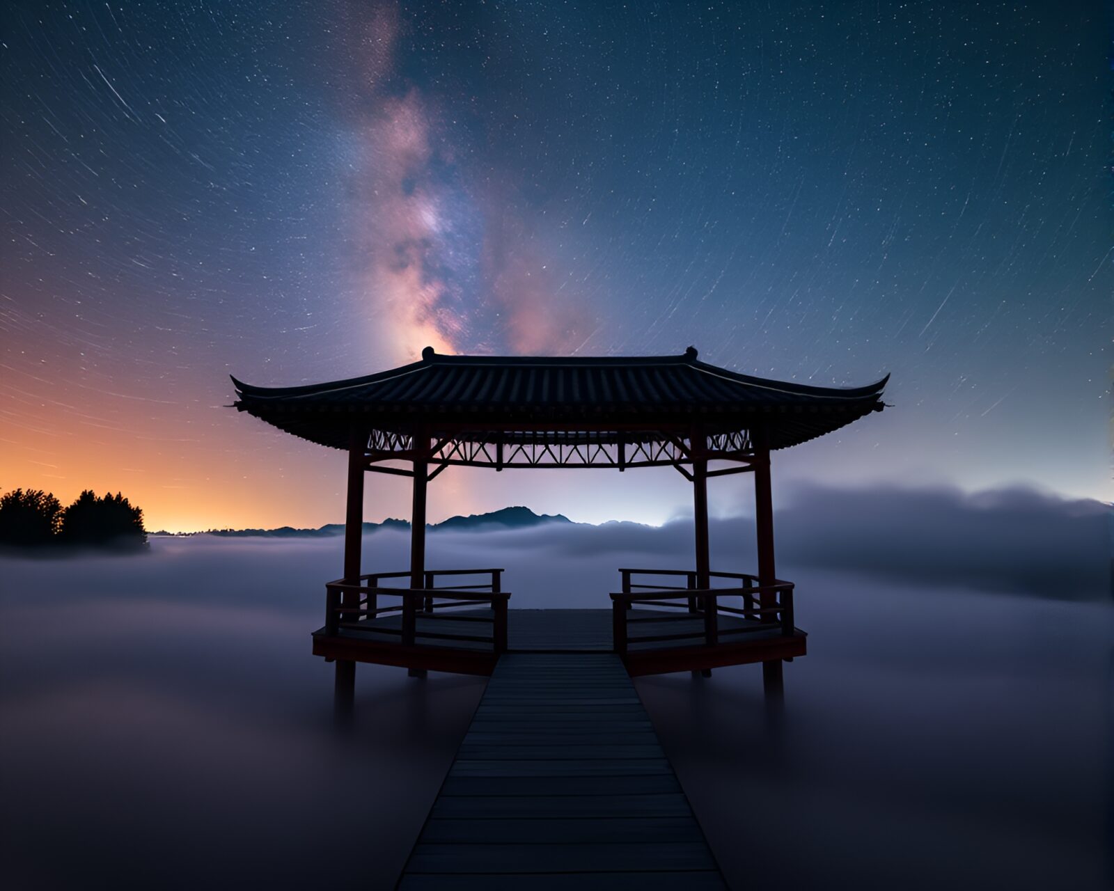 Enchanting pavilion floating in dreamy milky way fog