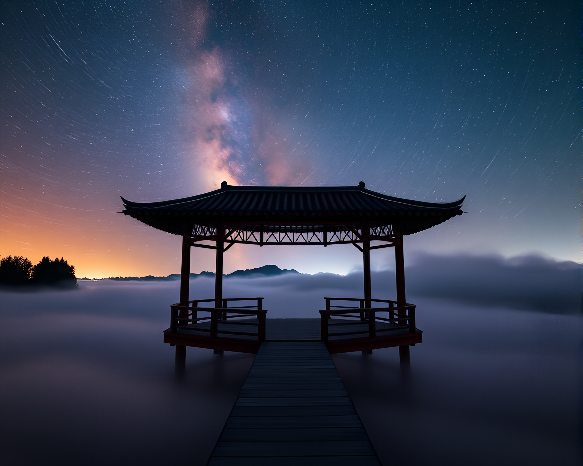 Ethereal Ultraviolet Floating Pavilion in Milky Way Fog – free AI stock image
