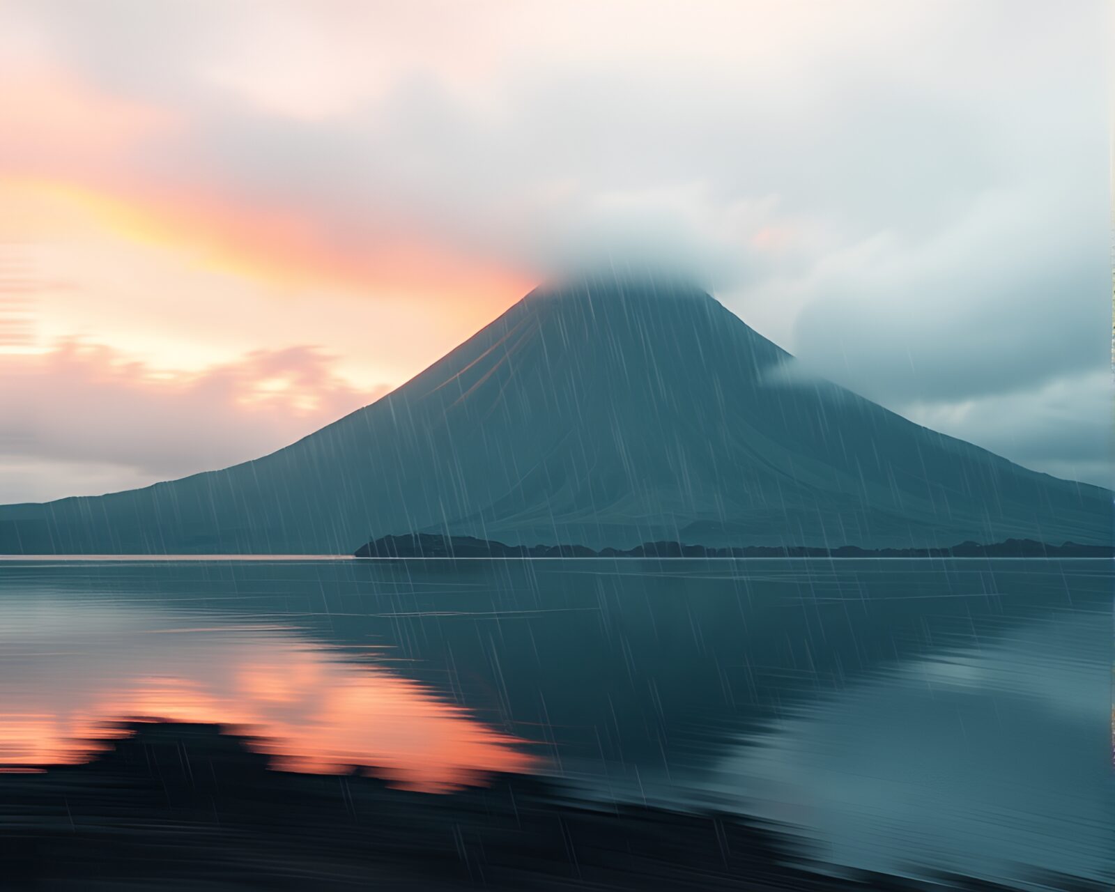 Shadowy figure against volcanic island backdrop in rainy weather