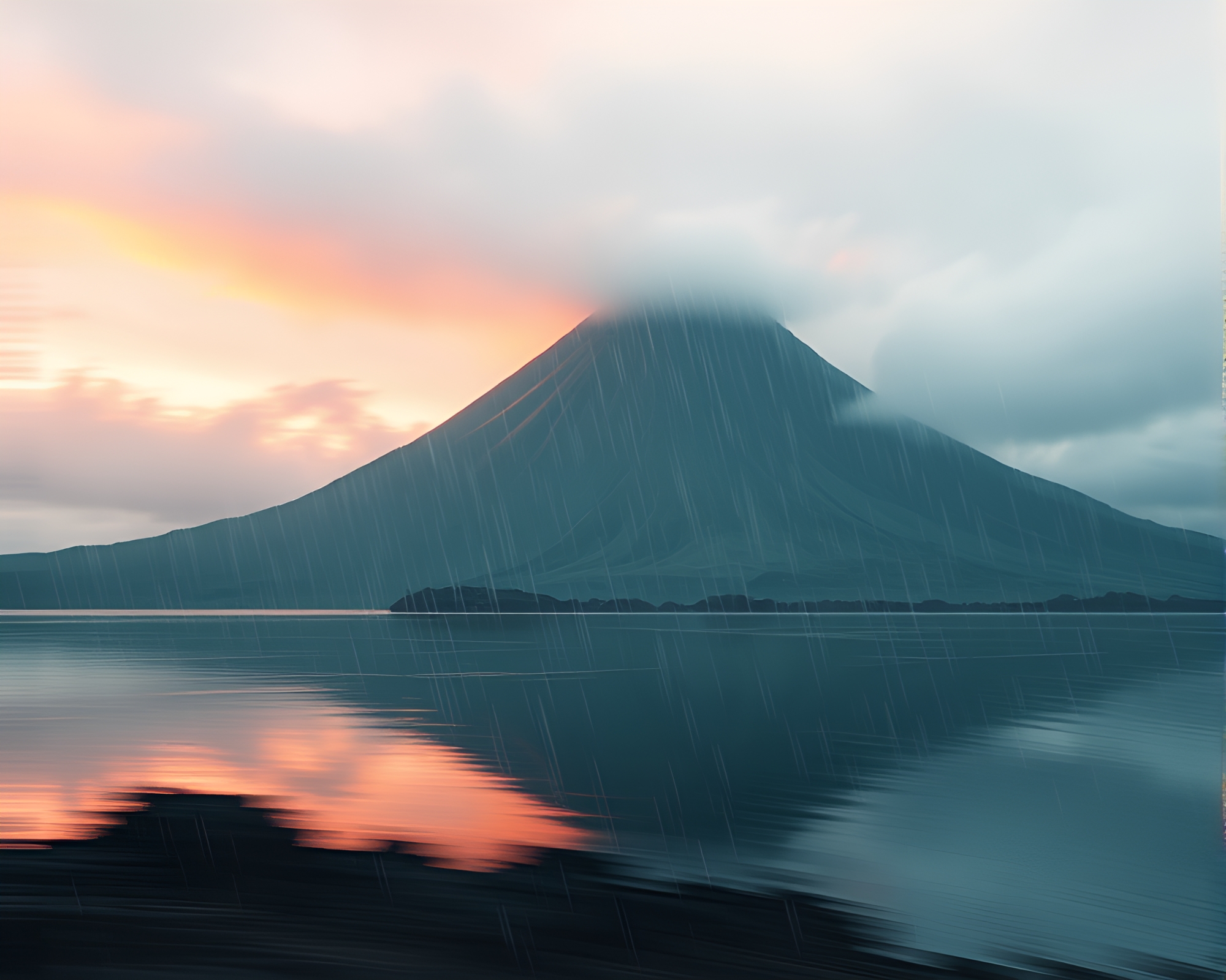 Misty Silhouette of Volcanic Isle in Rain – free AI stock image