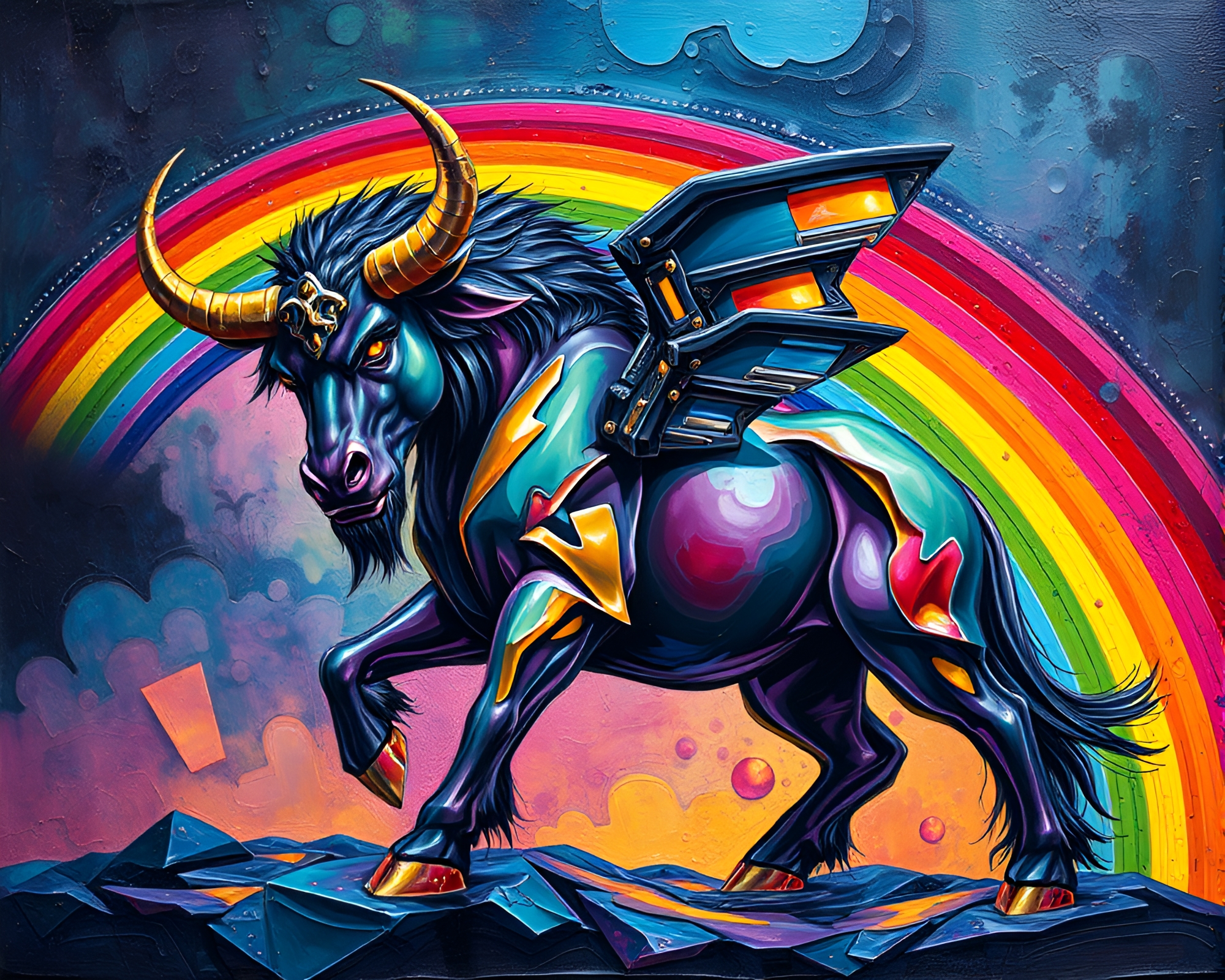 Cubist Minotaur bathed in oil slick rainbow hues – free AI stock image