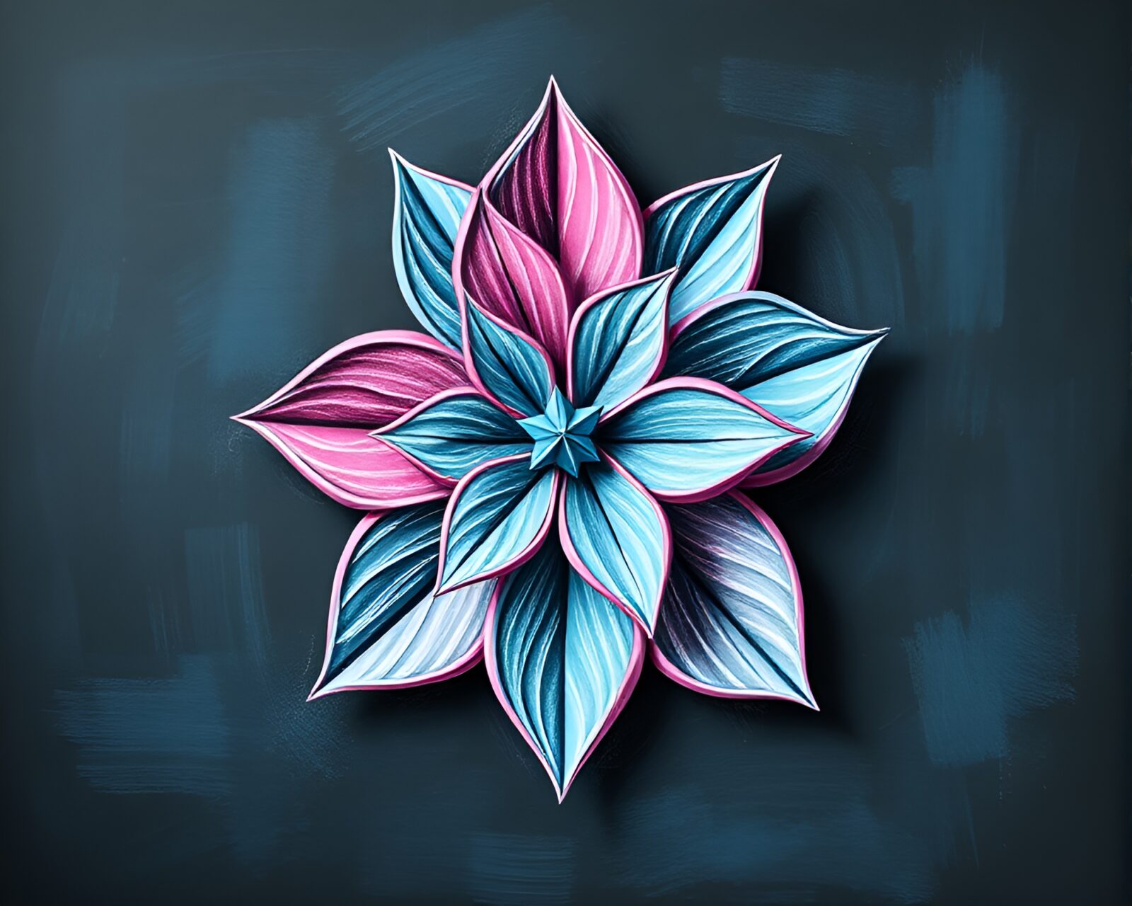 Colorful origami flower in chalk art with ice-blue tint