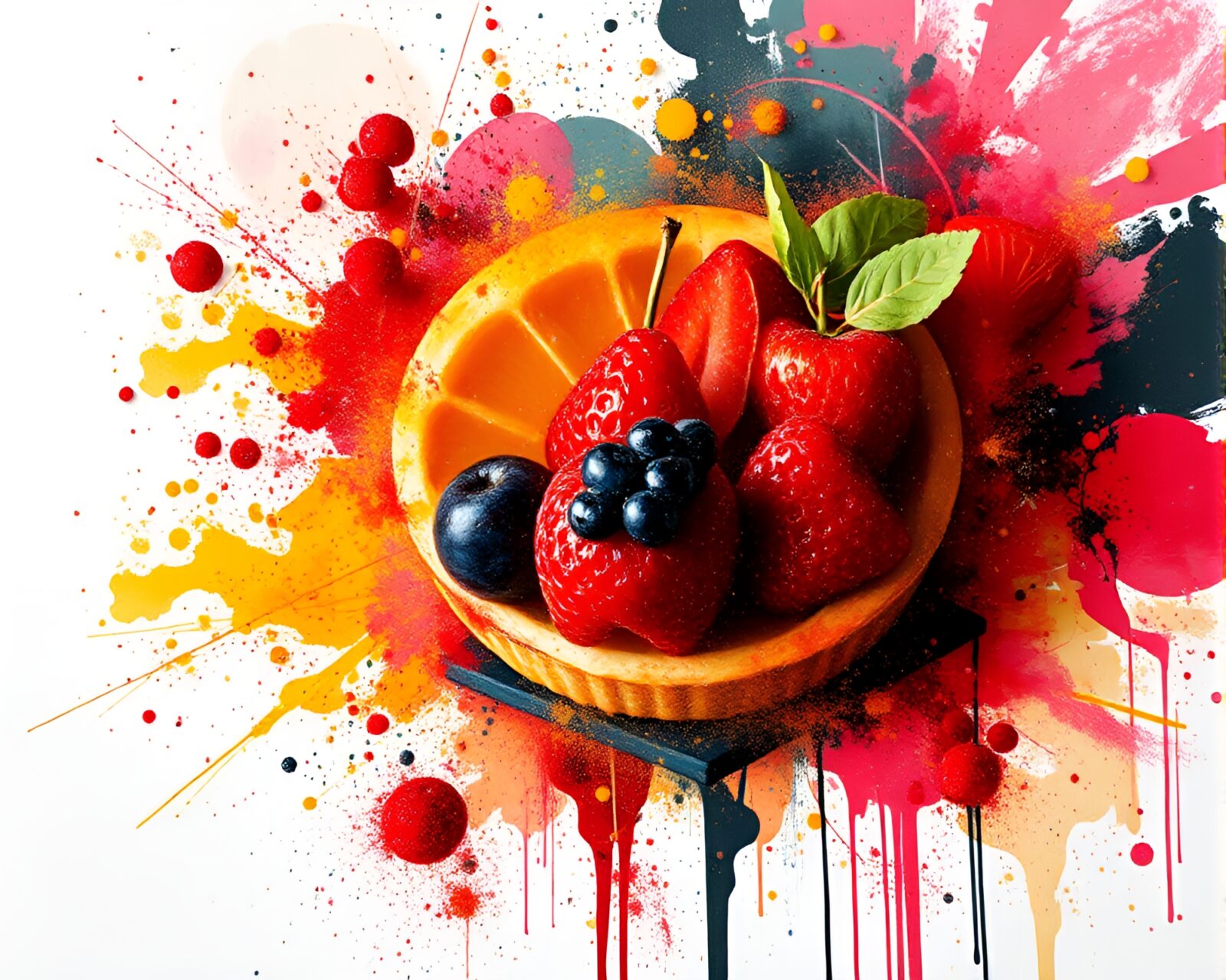 Colorful abstract fruit tart with graffiti elements and geometric shapes
