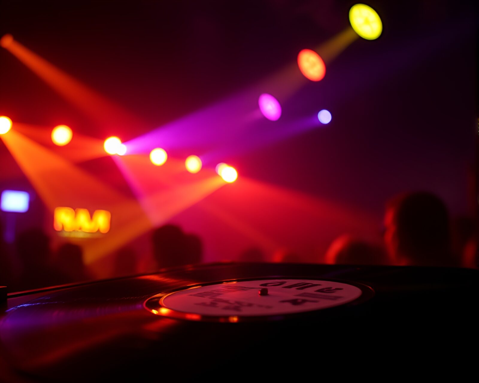 Low-angle shot of a glowing bio-organic vinyl record under strobe lights