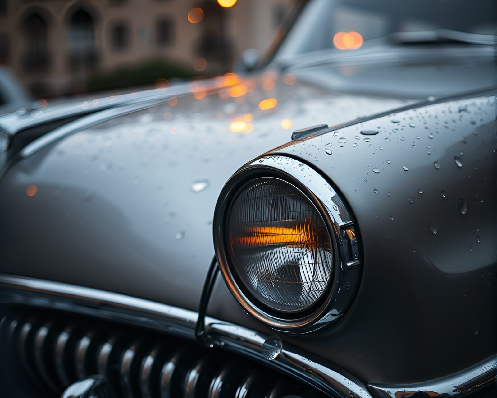 Dark, moody scene of vintage car with rain droplets