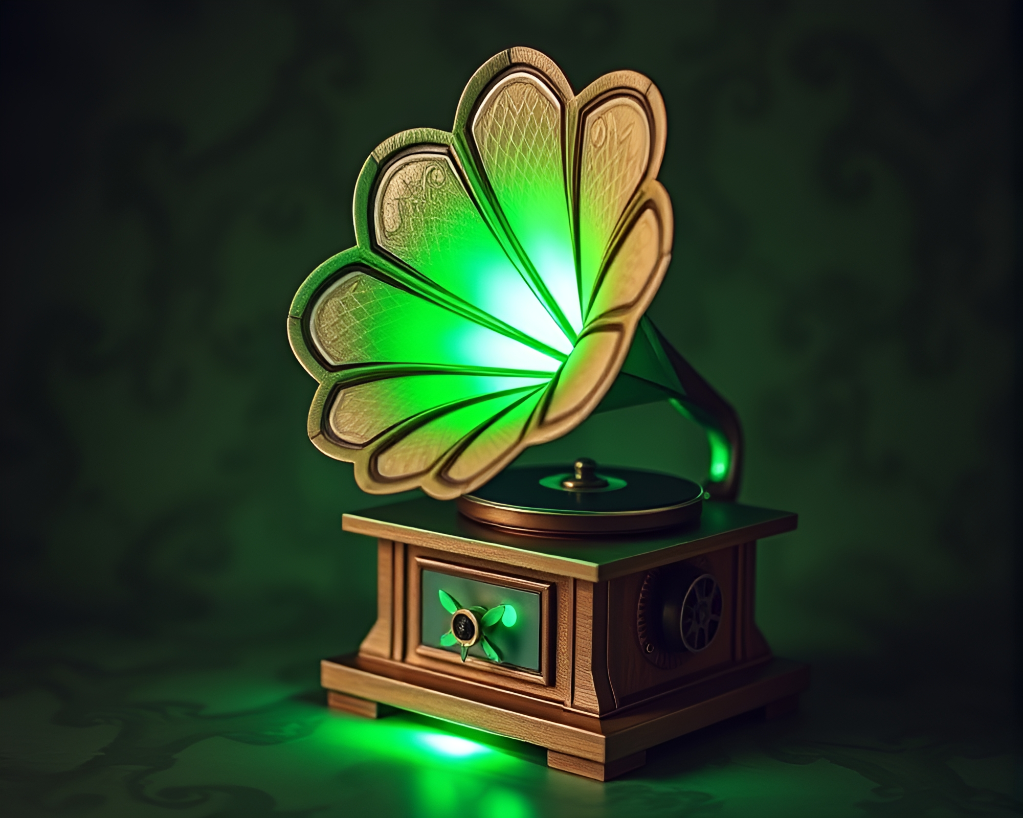 Steampunk Gramophone in Emerald Origami Style – free AI stock image