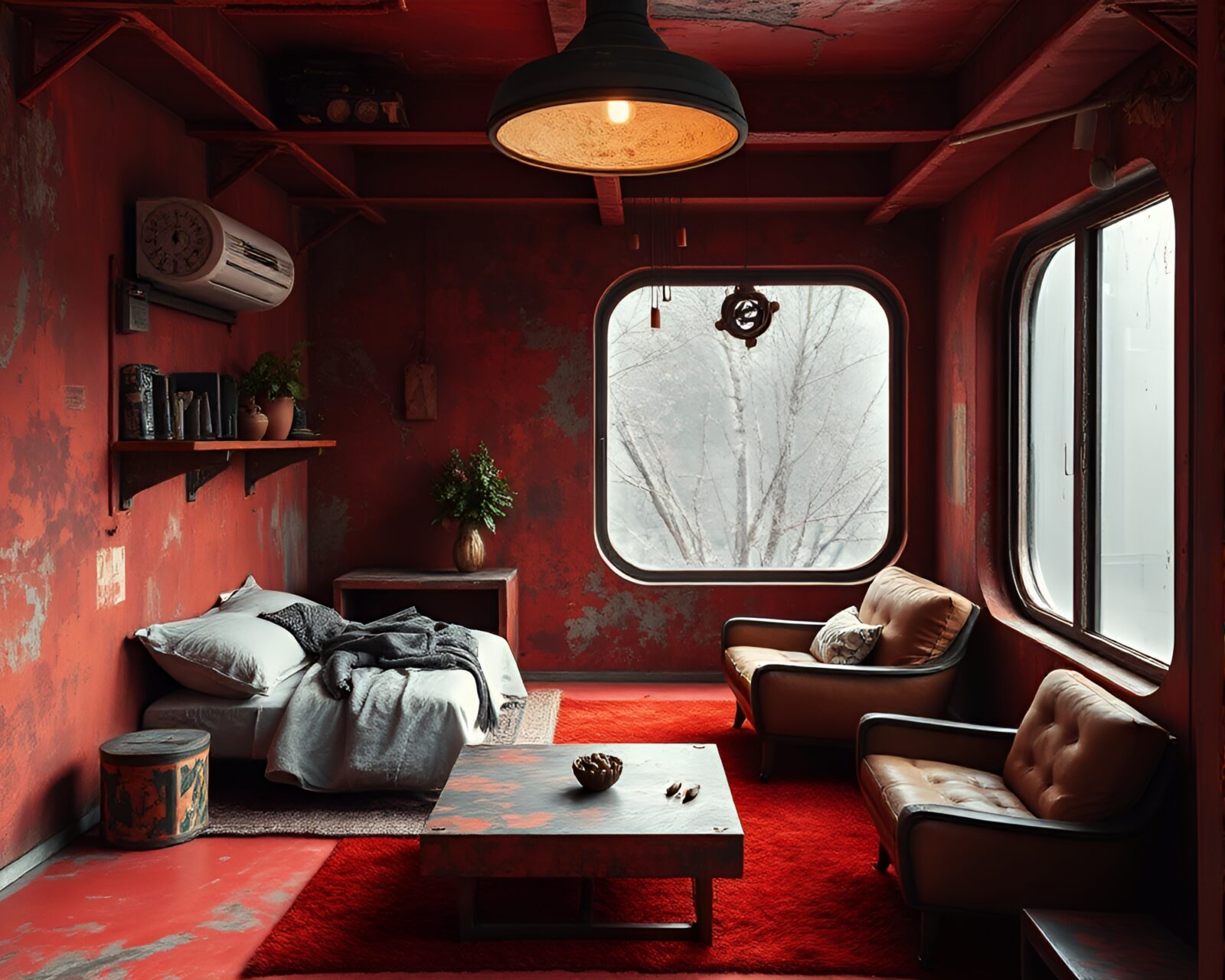 A futuristic space colony with rusty red hues and intricate details