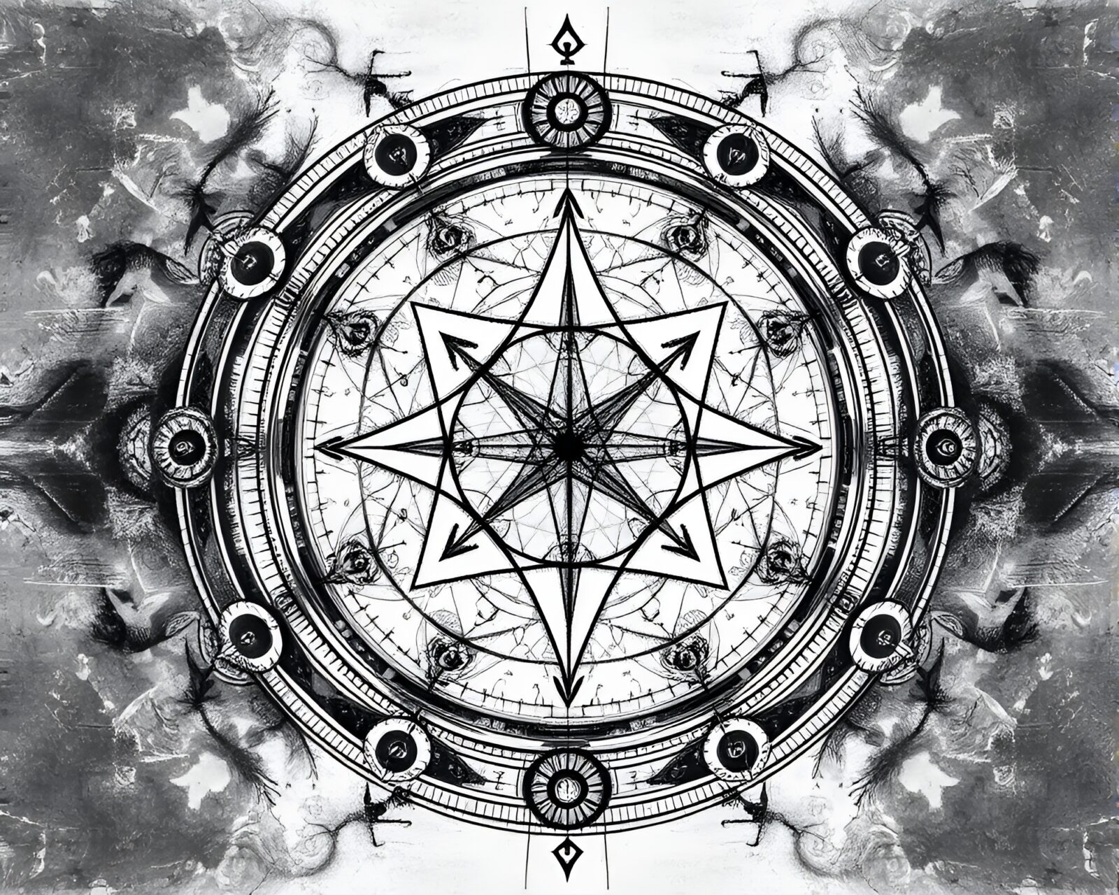 Charcoal sketch of mirror symmetrical alchemical symbols with dramatic lighting