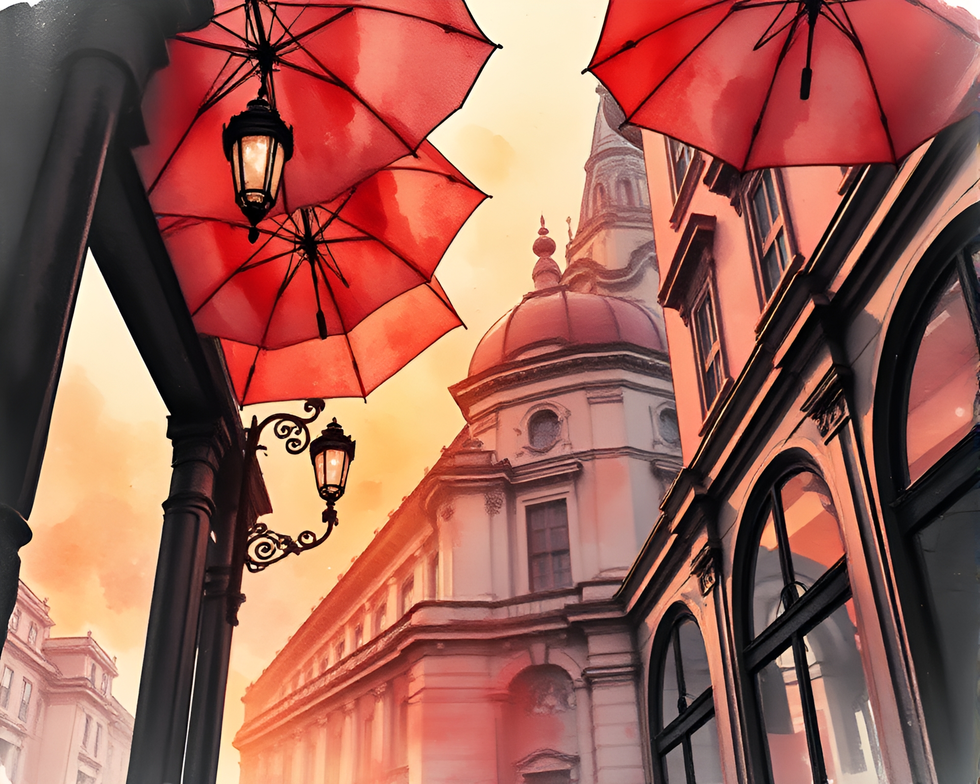 Ink Wash Umbrella Frame Architecture – free AI stock image