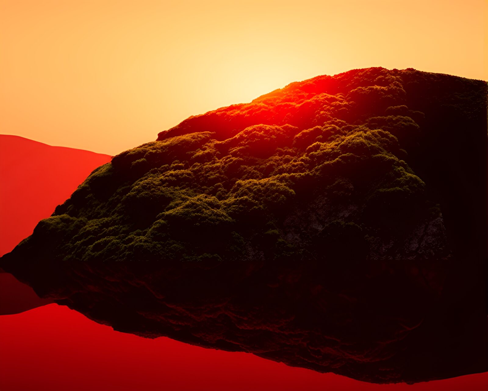 Brick red-hued moss-covered rock silhouette in etched landscape