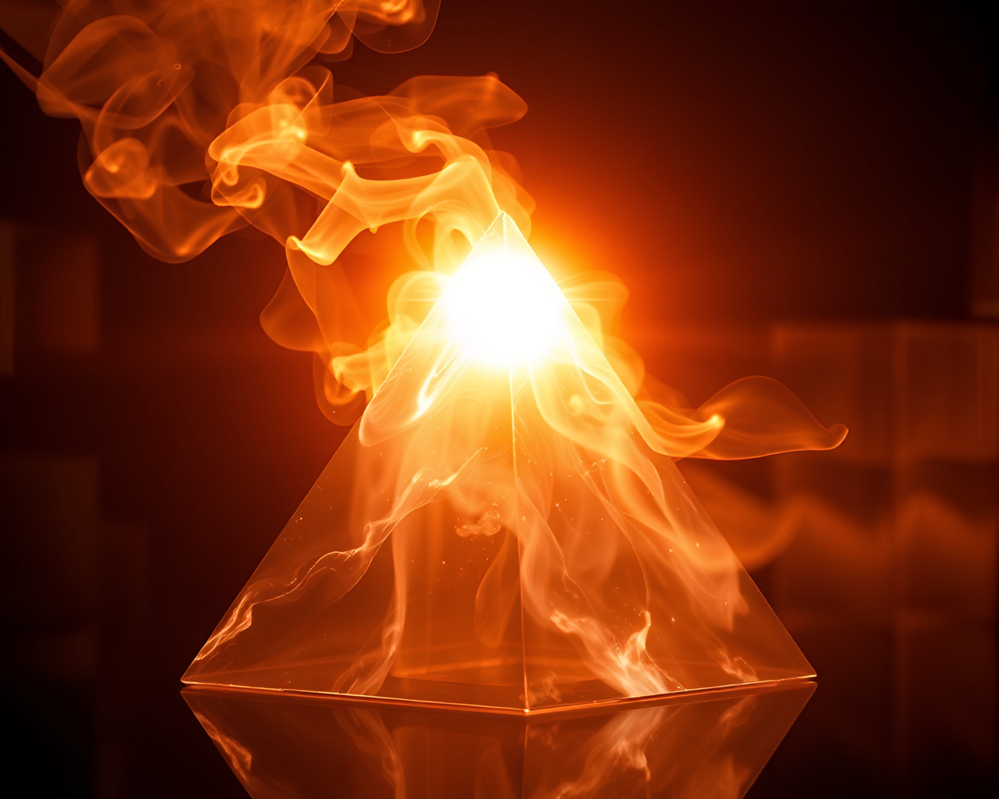Glass pyramid surrounded by swirling smoke plume – free AI stock image