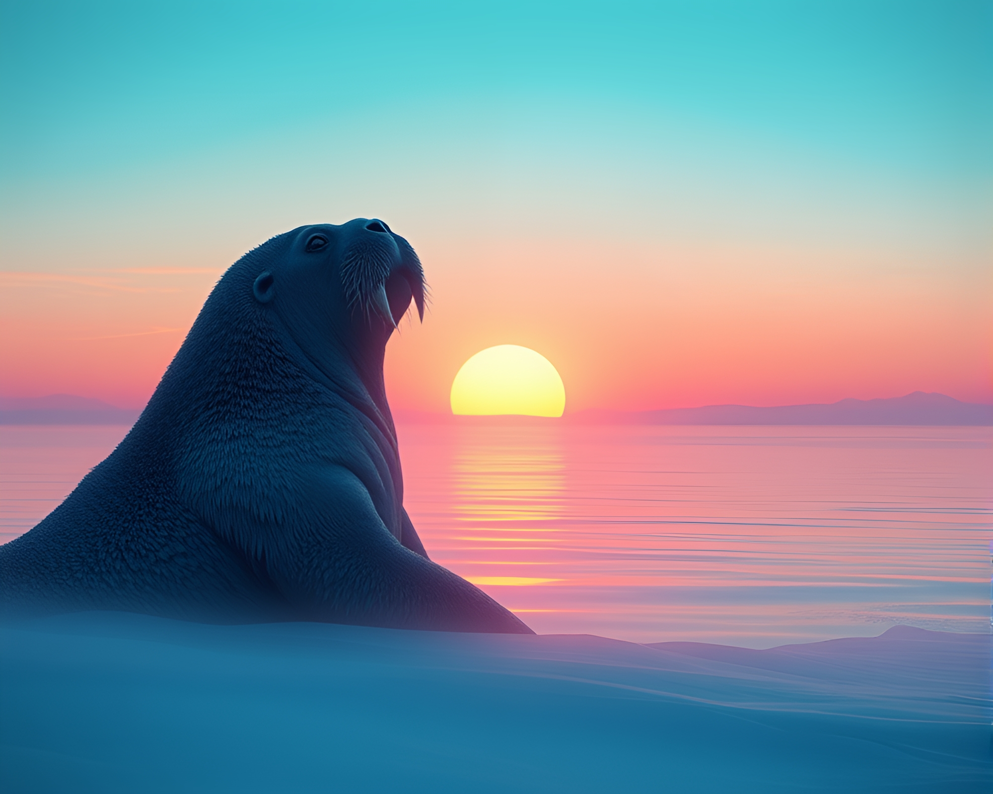 Holographic Walrus at Pastel Sunrise in Circular Frame – free AI stock image