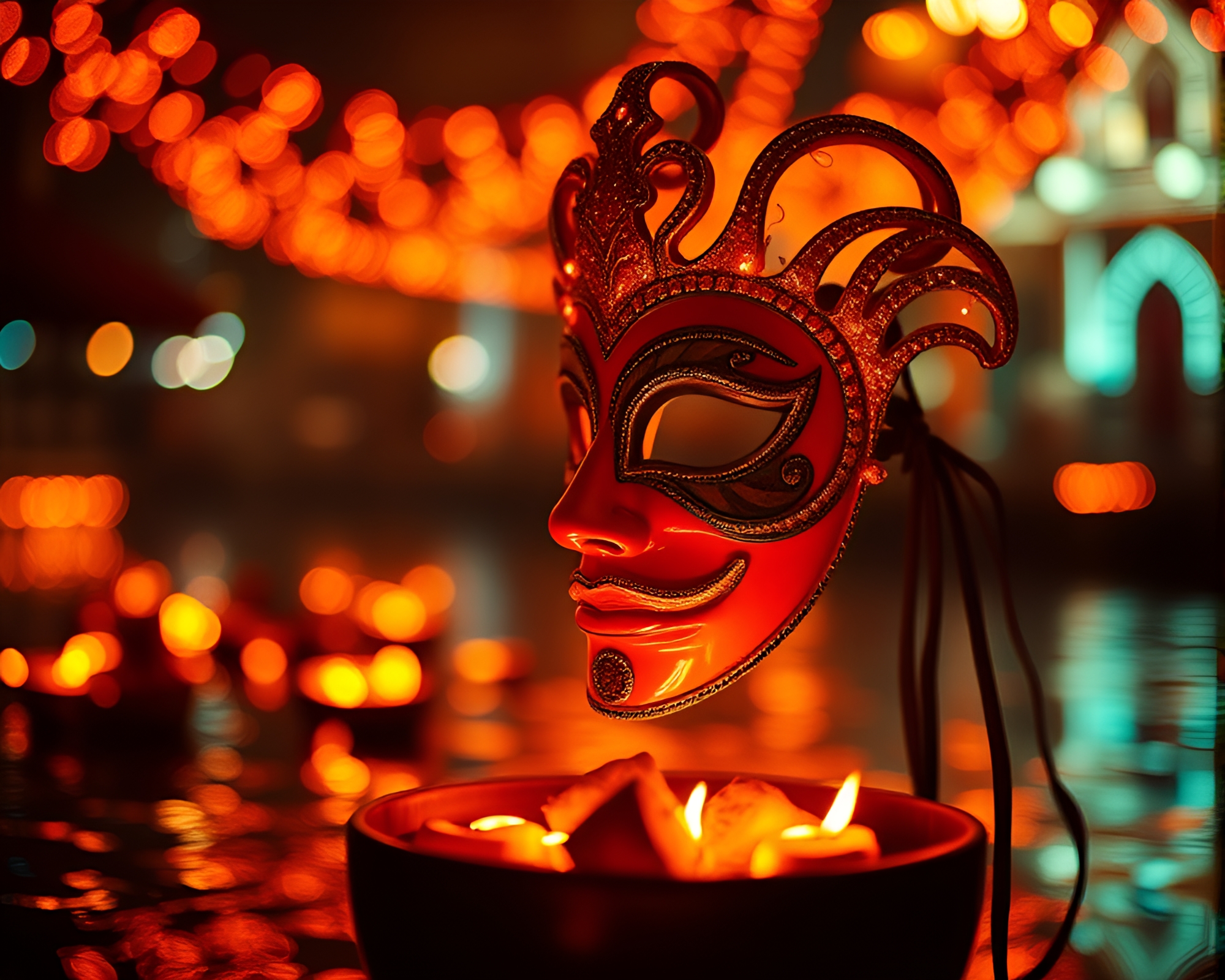 Bioluminescent Venetian Mask Embers in Tilt-Shift Fantasy – free AI stock image