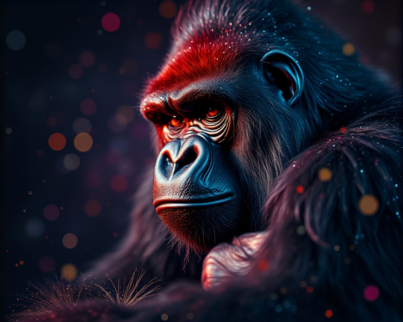 Majestic gorilla surrounded by shimmering metallic flakes in colorful forest