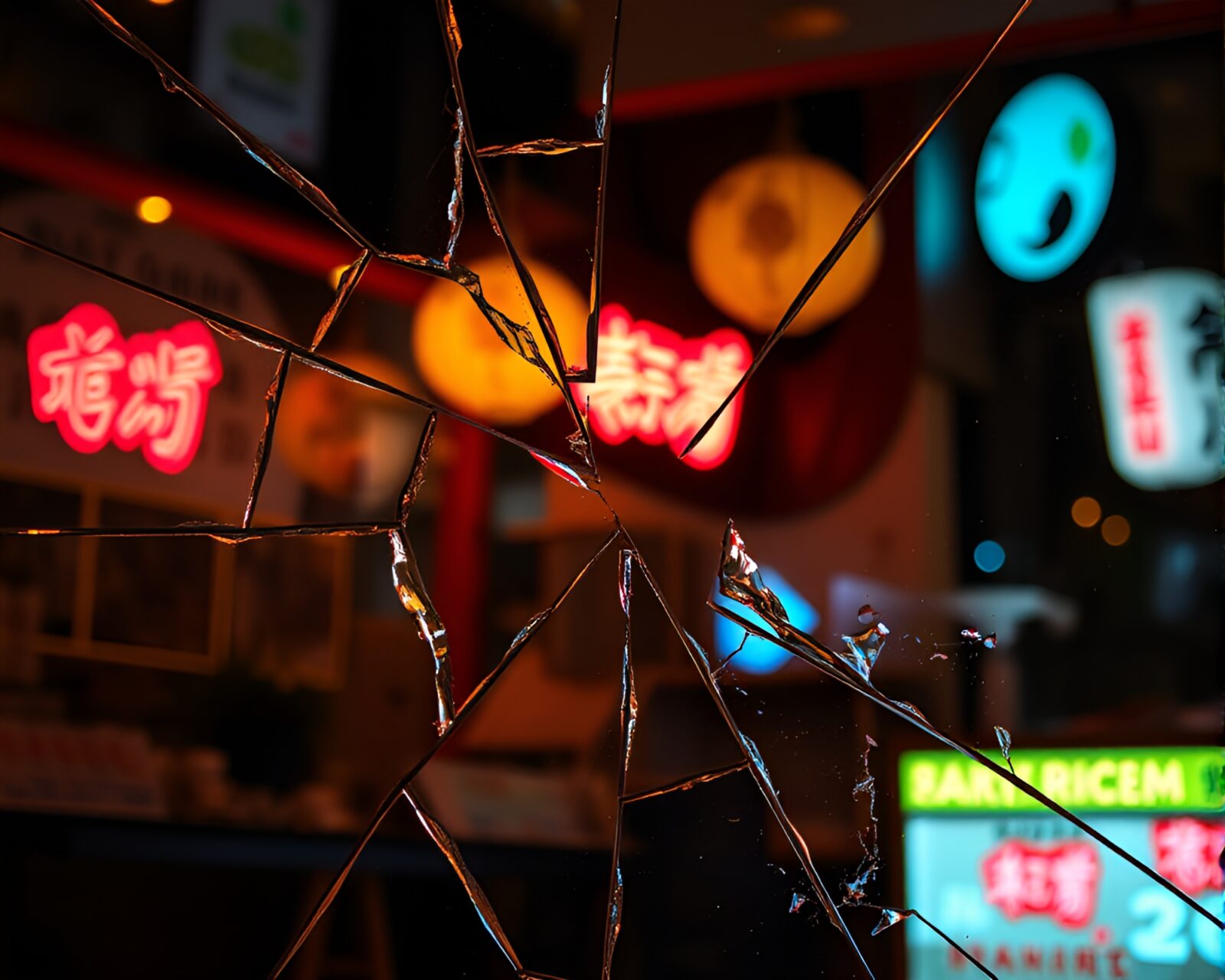 Low-key lit neon sign-style ramen bowl reflection on glass