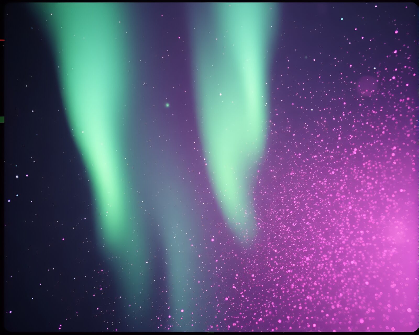 Ethereal northern lights with distorted VHS effect and particles