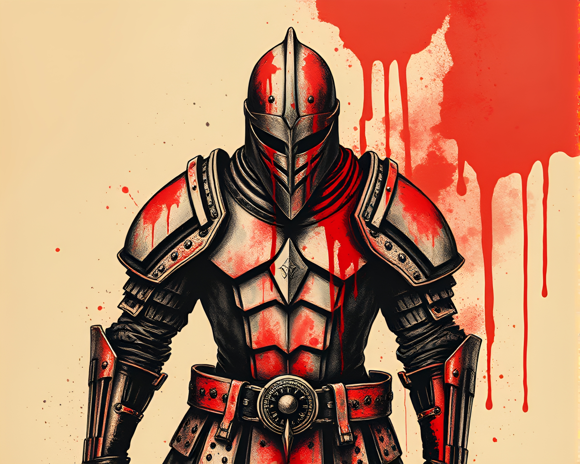Ink Wash Armor: Crimson Contrast – free AI stock image