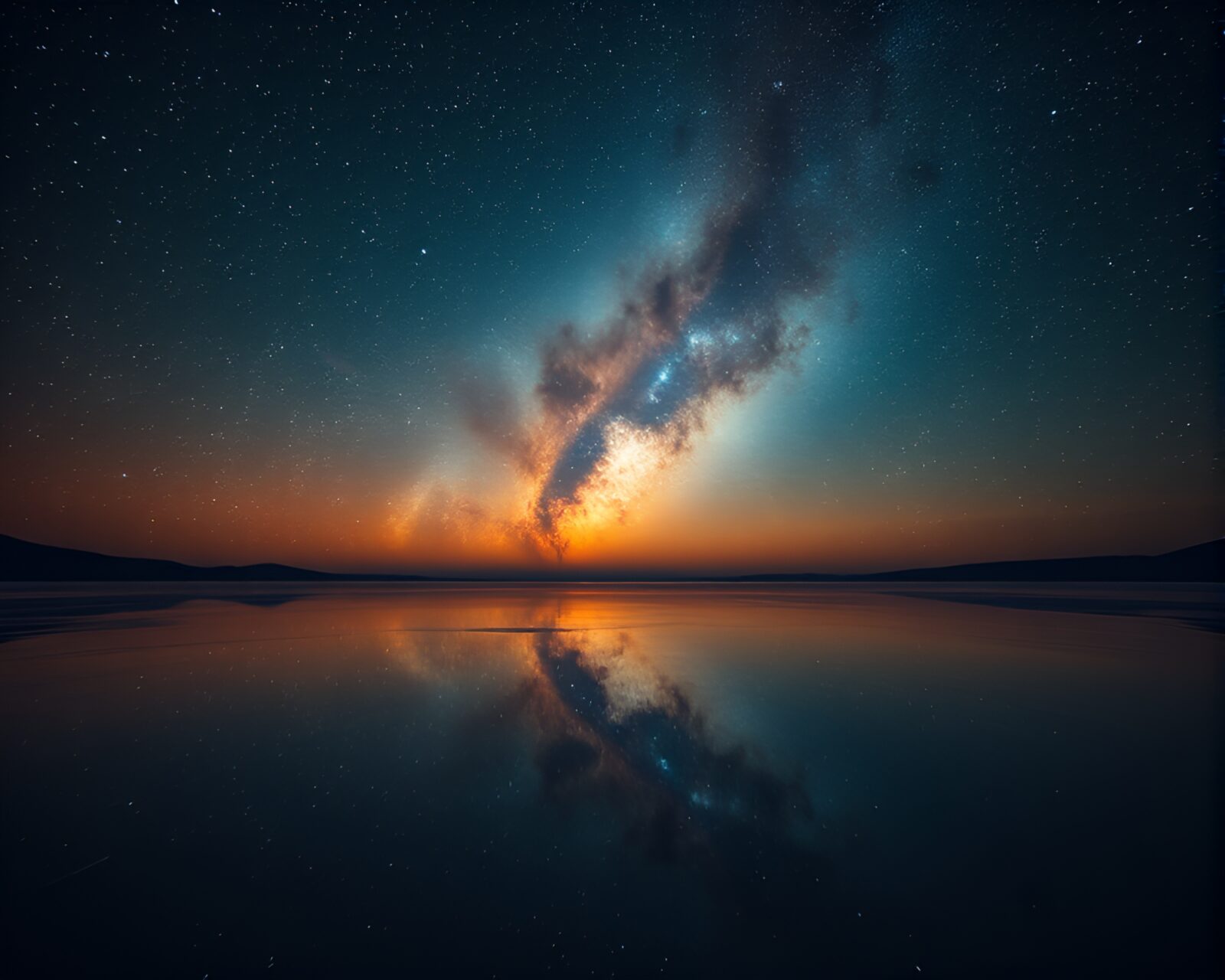 Wide-angle photo of celestial nebula reflecting on glowing surface