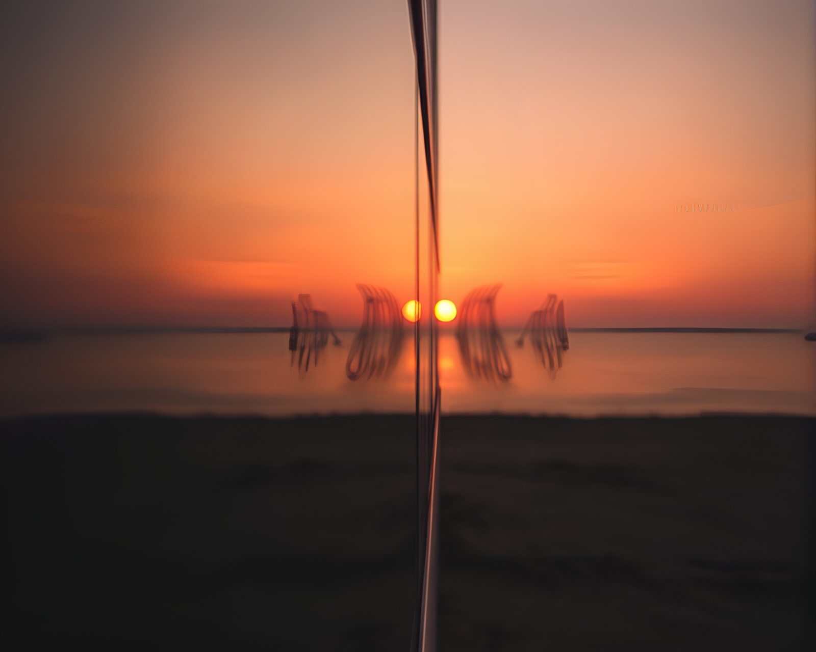 Surreal sunset with double mirrored reflections in urban setting