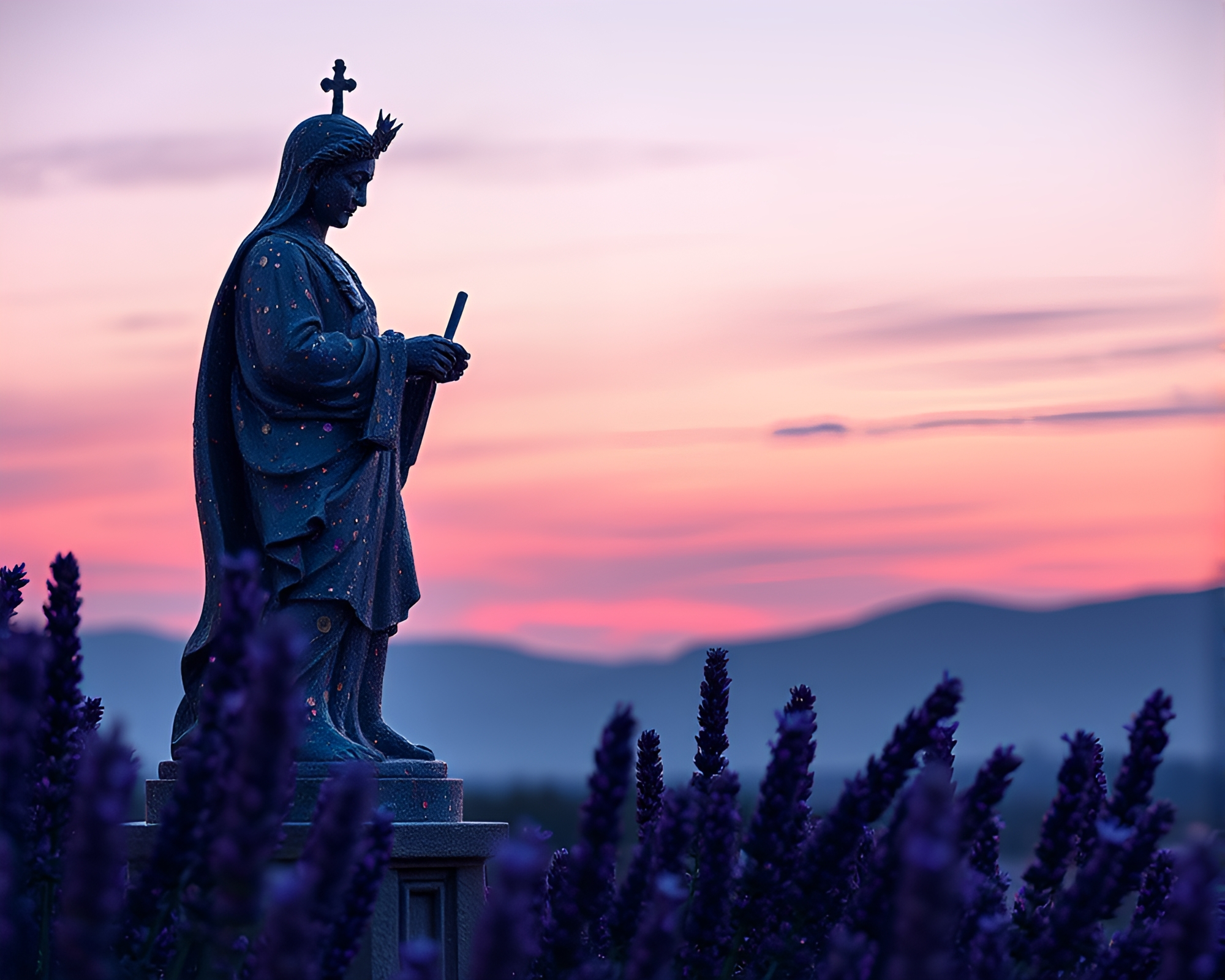 Acrylic Splatters Transform Lavender Twilight Statue – free AI stock image