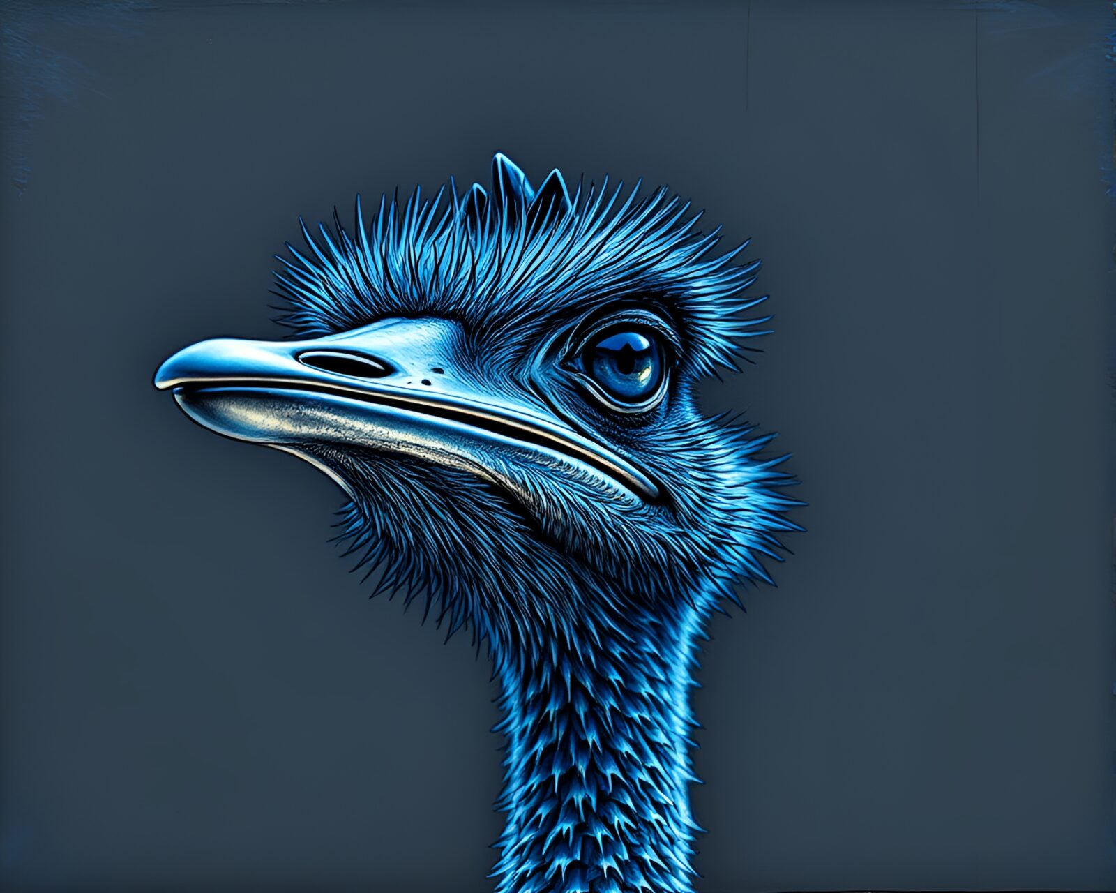 Wide-angle view of an ostrich in a steel-blue etching style