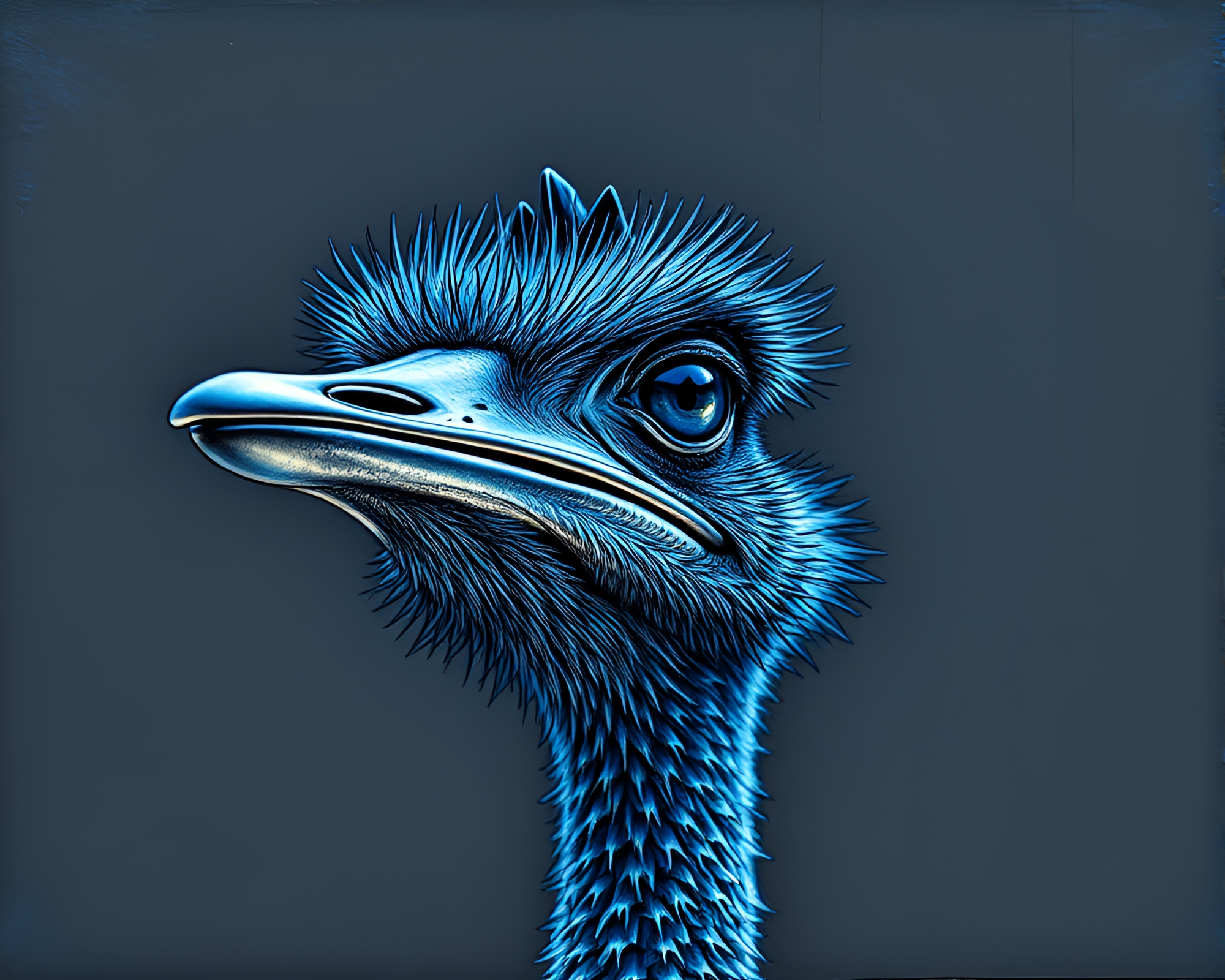 Majestic Ostrich in Steel-Blue Etching Landscape – free AI stock image