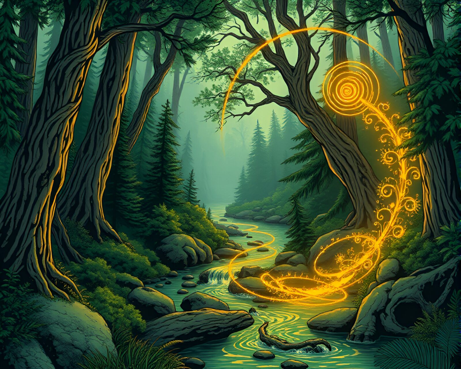 Mystical green forest with swirling golden spiral river