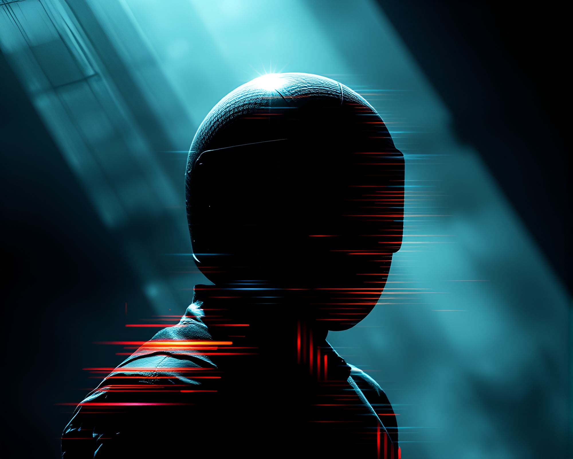 Glitchy Helmet Shadow Silhouette Kinetic Art Composition – free AI stock image