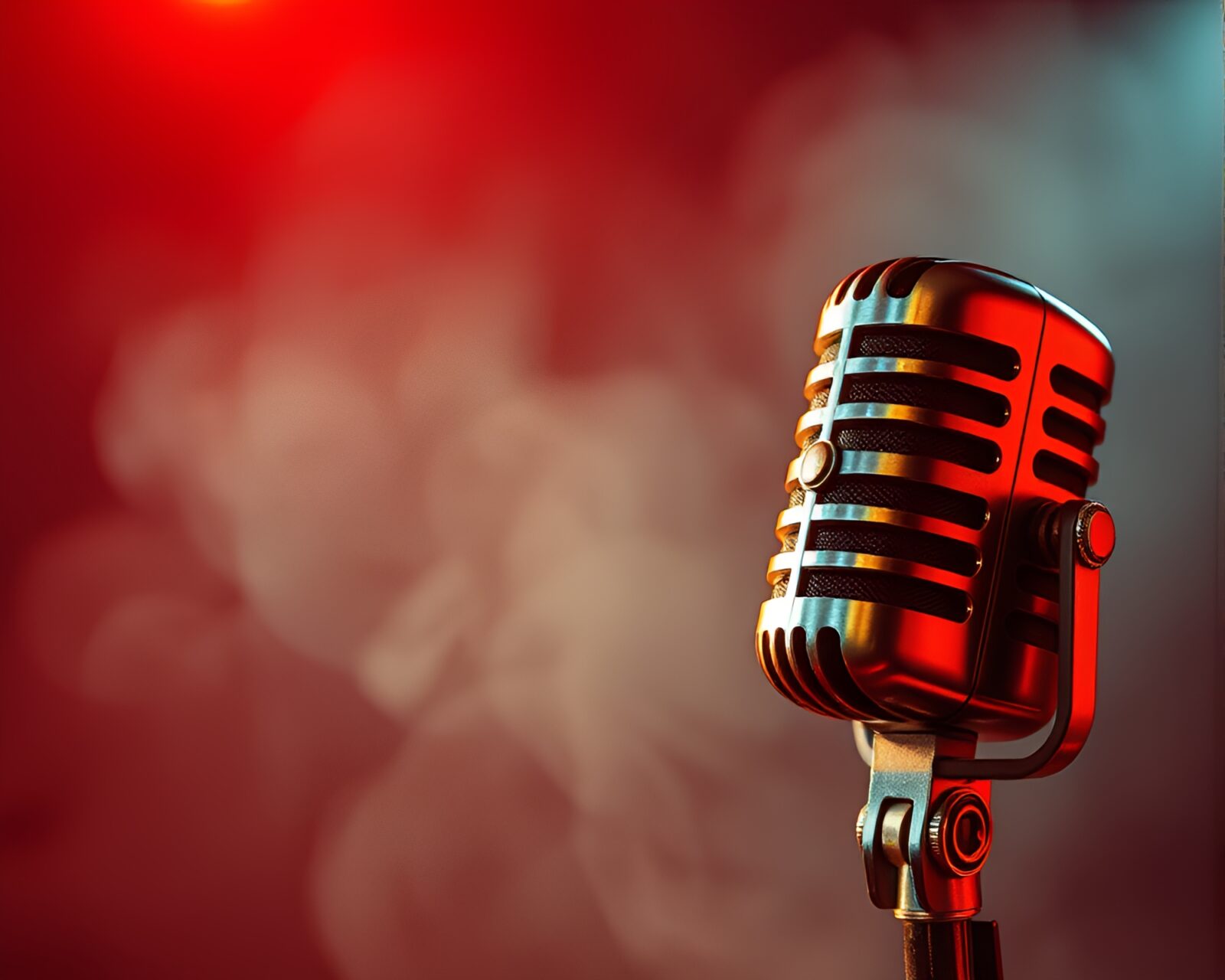 Retro microphone surrounded by film sprocket holes in haze