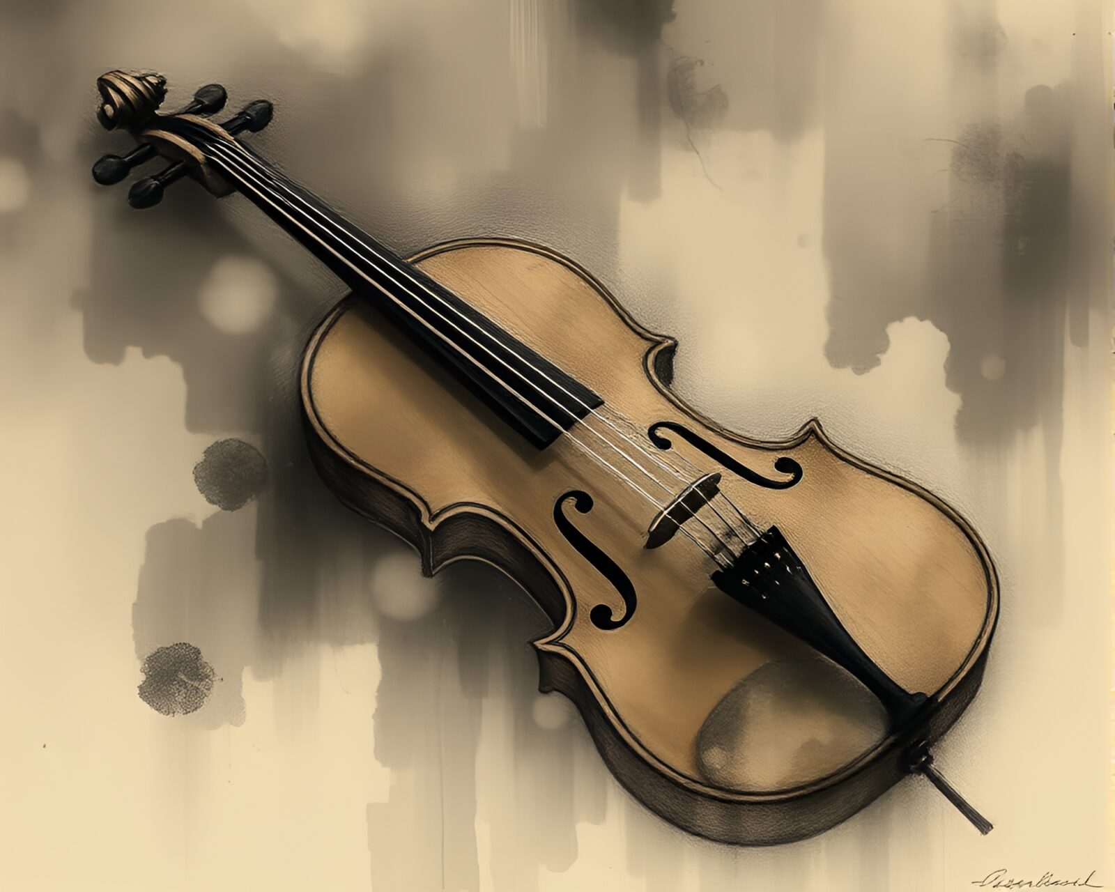 Detailed woodblock print of violin in ethereal lighting