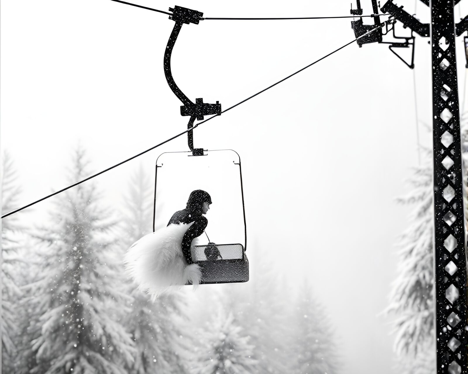 Stereograph of a serene ivory white gondola lift