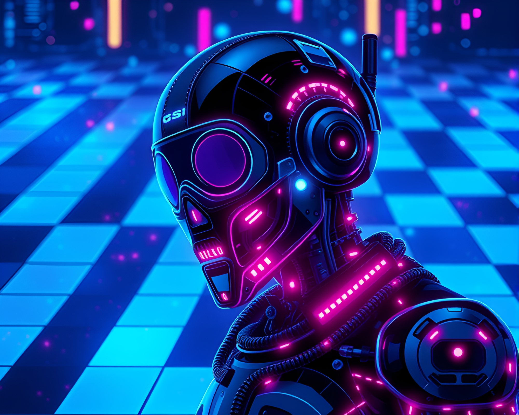 Futuristic Cyborg in Checkered Pixel Bioluminescence – free AI stock image