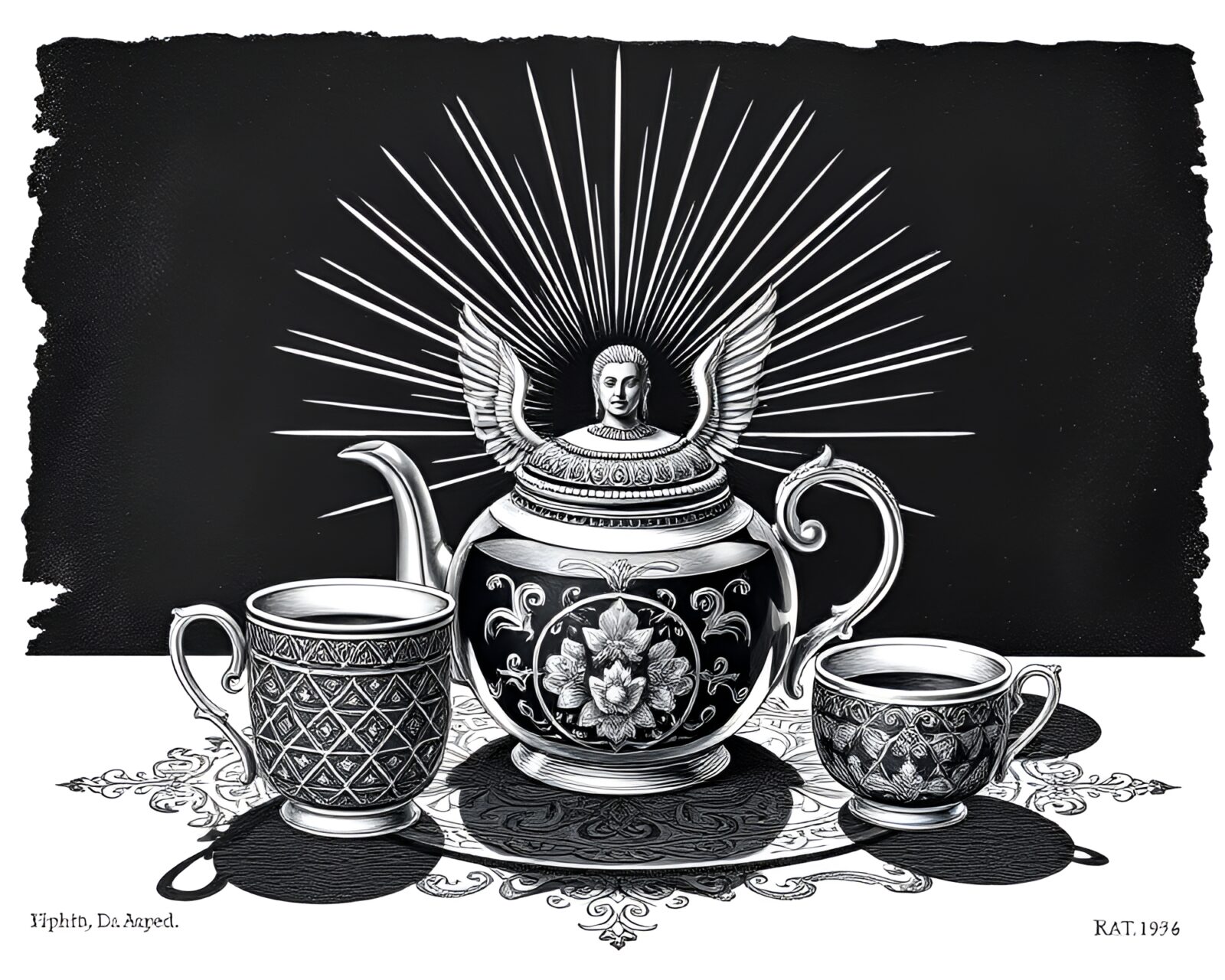Intricate crosshatched engraving surrounding a glowing tea set
