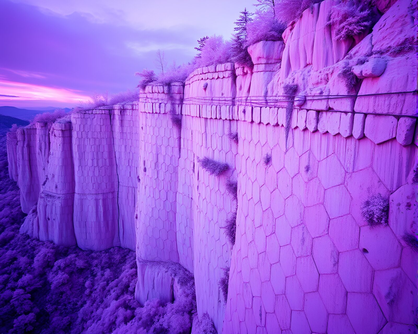 Surreal infrared photo of twilight cliff with hexagonal pattern
