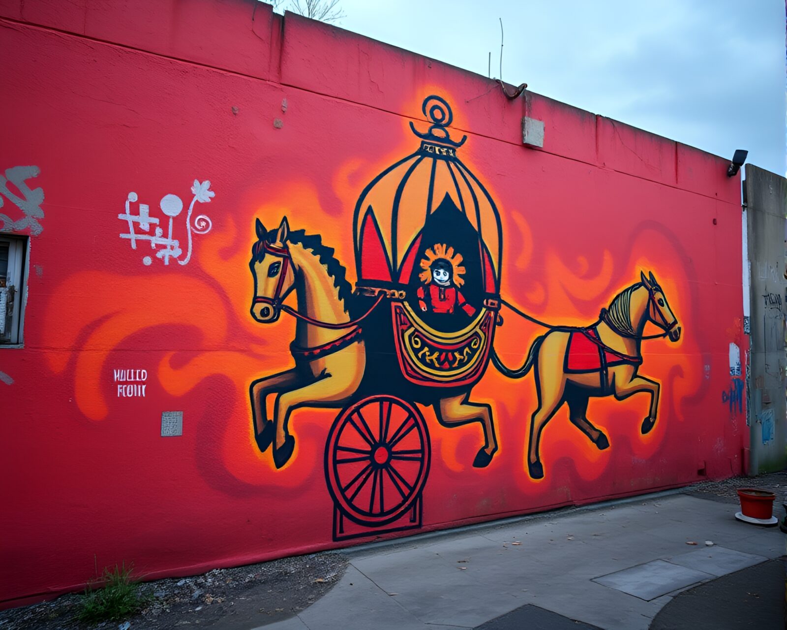 Vibrant mural graffiti depicting a chariot under burnt orange rim lighting.