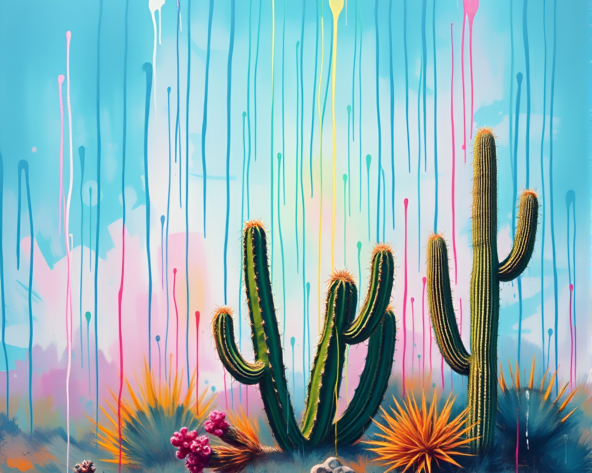 Teal Op Art Desert Cacti with Spray Paint Drips – free AI stock image