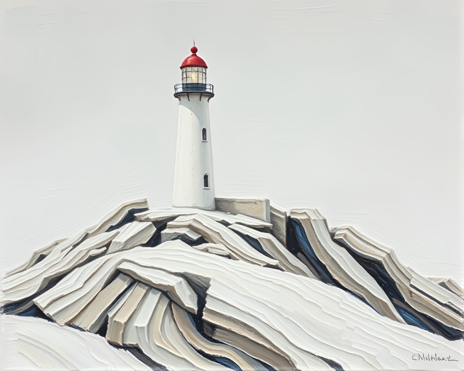 A compelling oil impasto painting of an abandoned ivory lighthouse