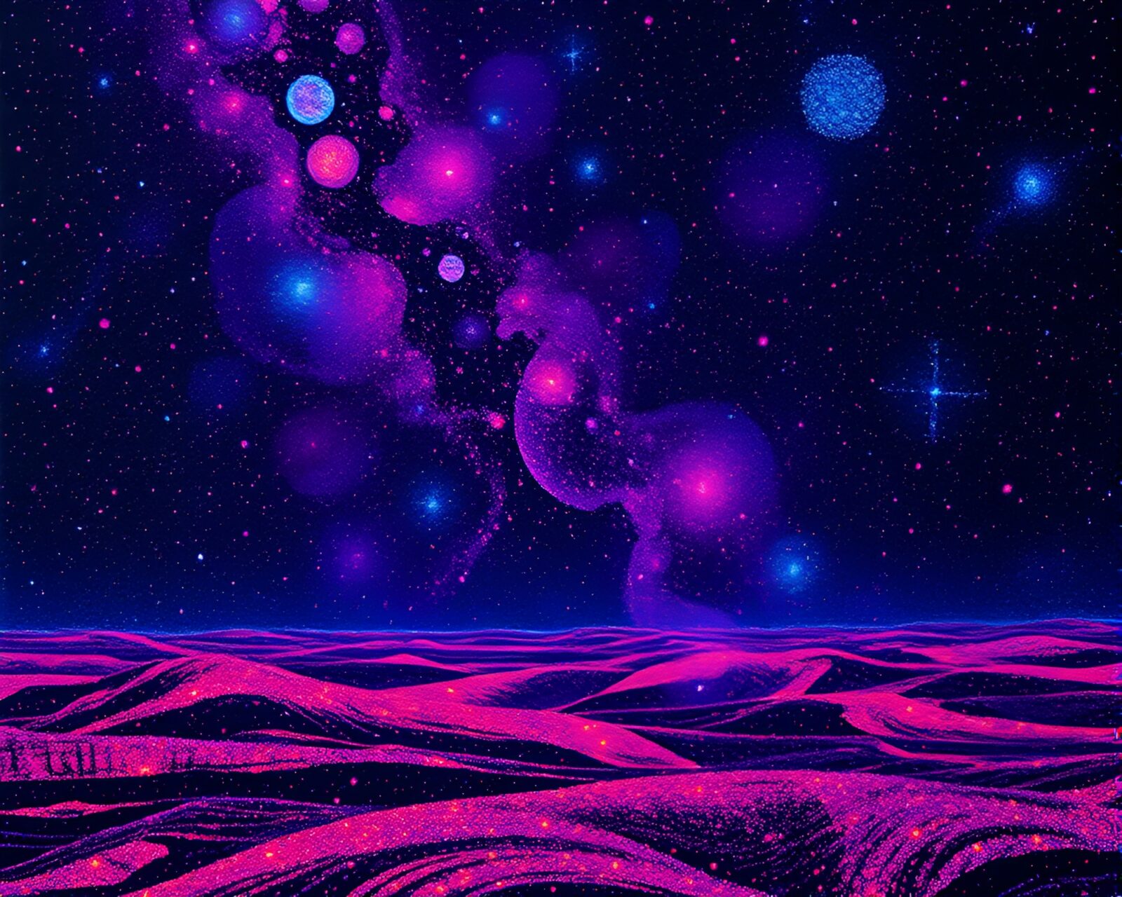 Glowing LED grid forms oasis scene in cosmic hues