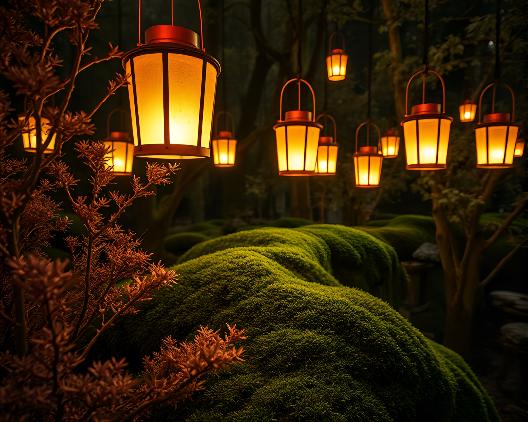 Surreal Floating Lanterns in Enchanted Mossy Library – free AI stock image