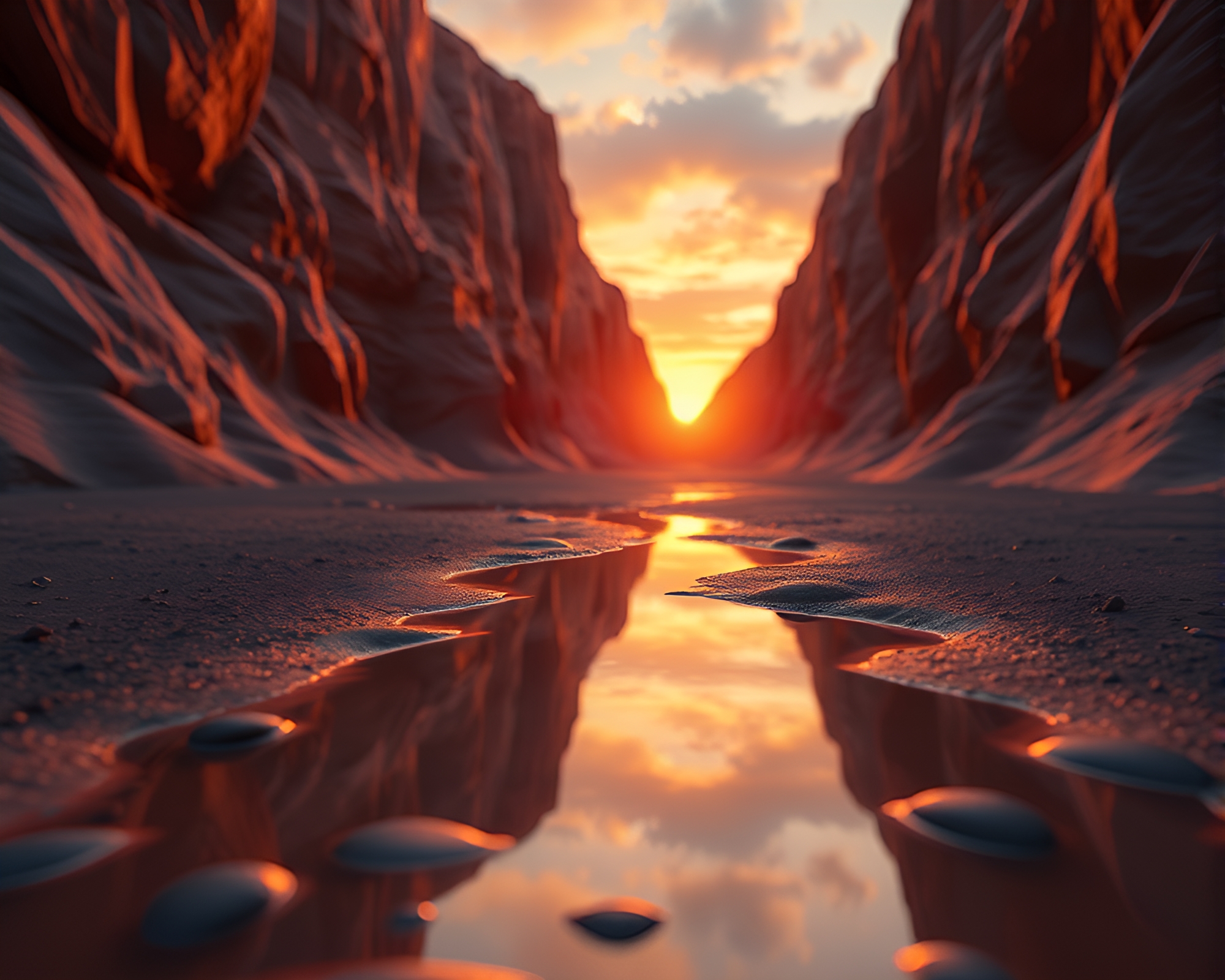 Low-Poly Canyon Puddle Reflection at Golden Hour Dusk – free AI stock image